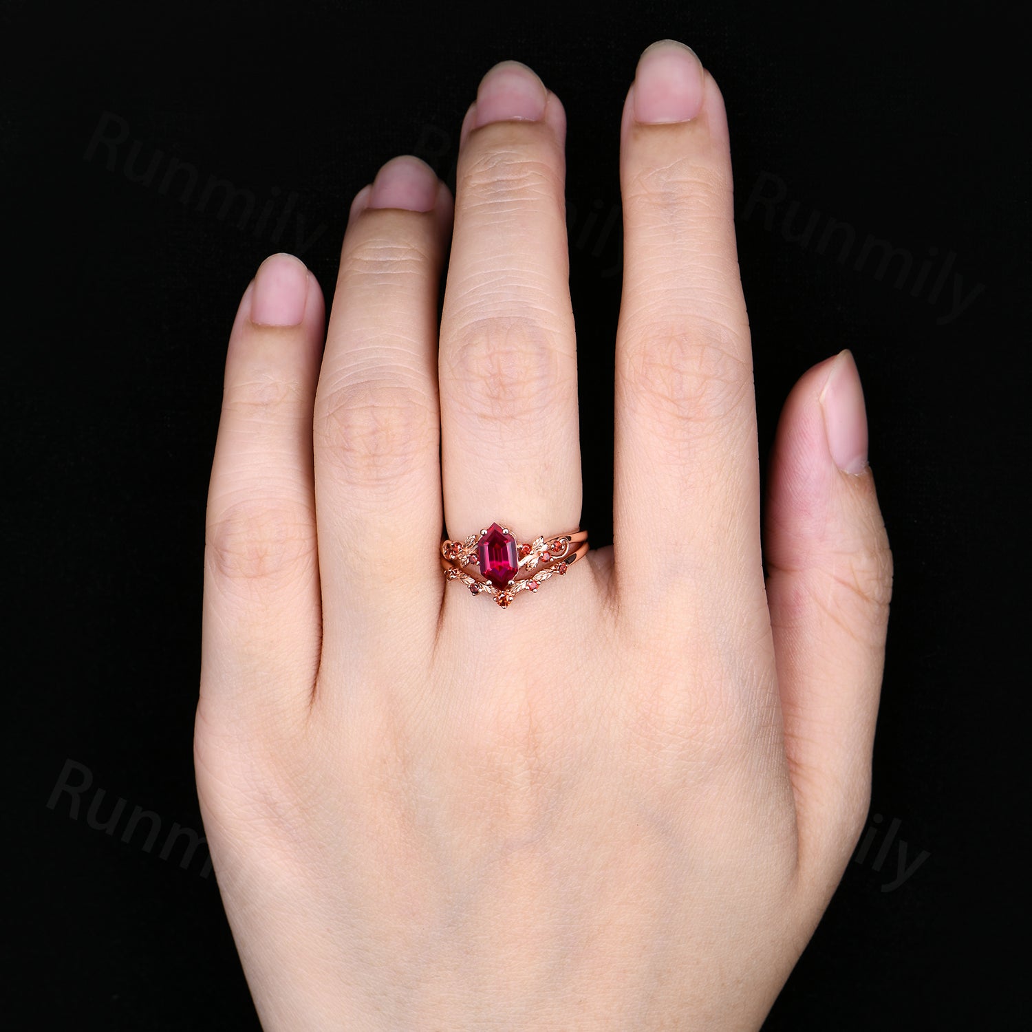 Nature-Inspired Ruby Garnet Engagement Ring Set: Rose Gold Leaf Style Bridal Promise Ring