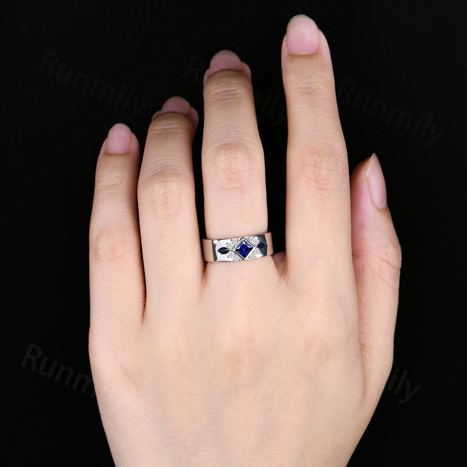 Princess Cut Blue Sapphire Mens Wedding Band Unique Moissanite & Sapphire Cluster Stacking Wedding Band Engagement Anniversary Mens Ring