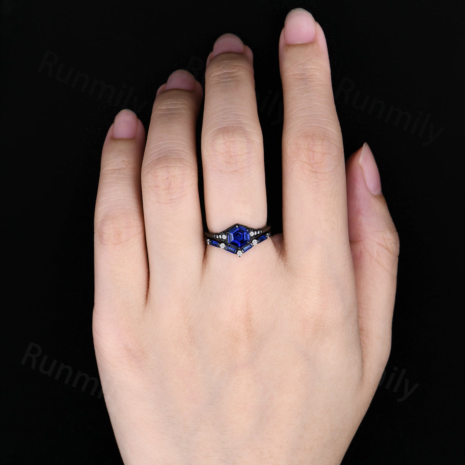 Gothic Black Gold Blue Sapphire Engagement Ring Set, Unique Curved Stacking Band, Art Deco Bridal Promise Ring