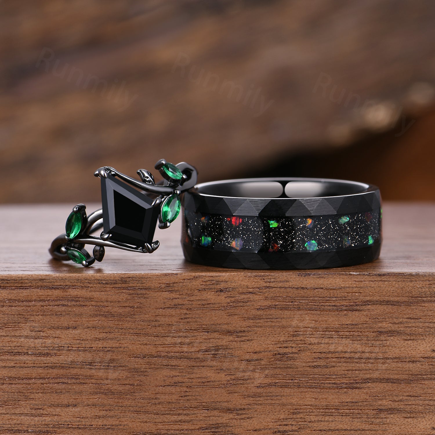 Twig Leaf Black Onyx Couples Ring Set Black Gold Wedding Bands Vintage Nature Inspired Ring Promise Rings For Couple