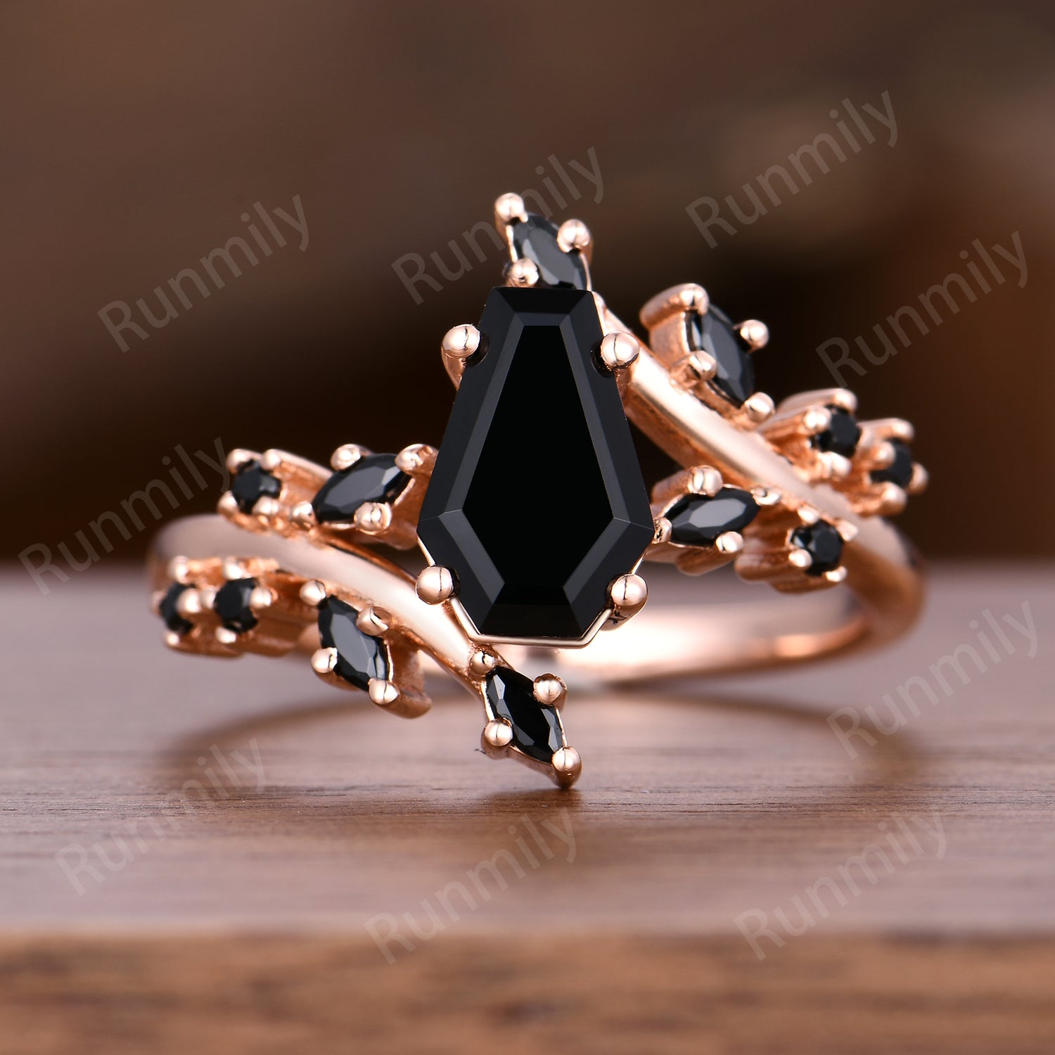 Coffin Cut Black Onyx Ring Rose Gold Wedding Band Promise Ring For Women Black Gems Ring
