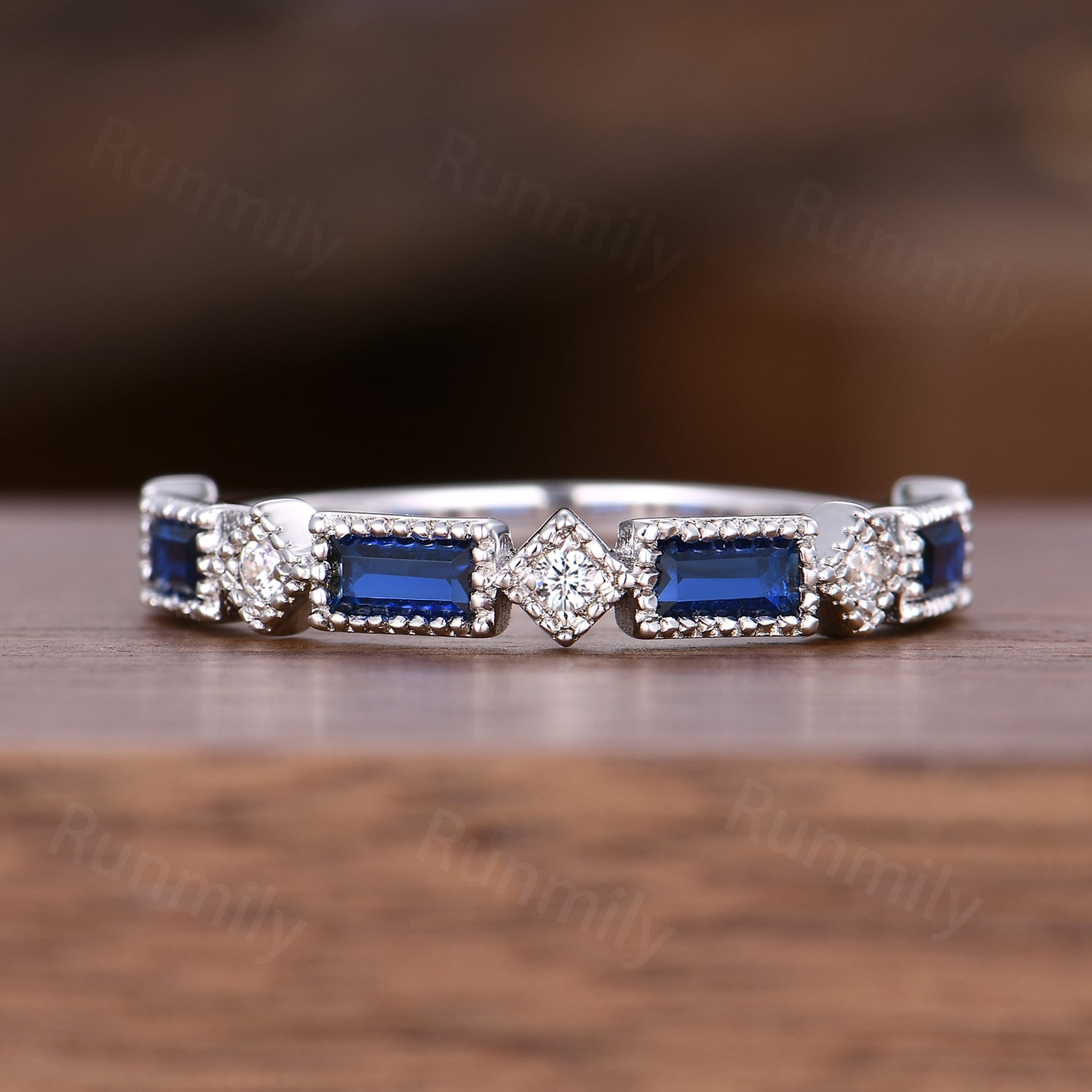 Art Deco Blue Sapphire Moissanite Wedding Band: Sterling Silver Baguette Ring
