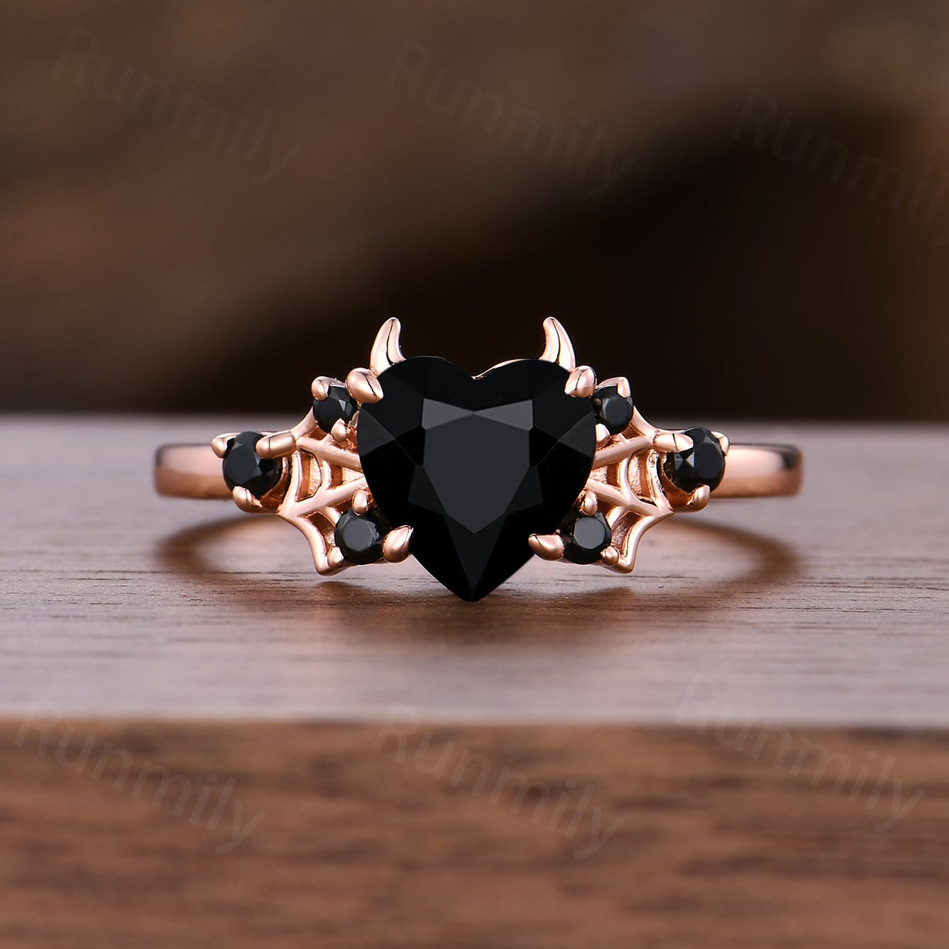 Vampire Black Onyx Engagement Ring, Gothic Spider Wed Promise Anniversary Ring, Heart Shaped Ring