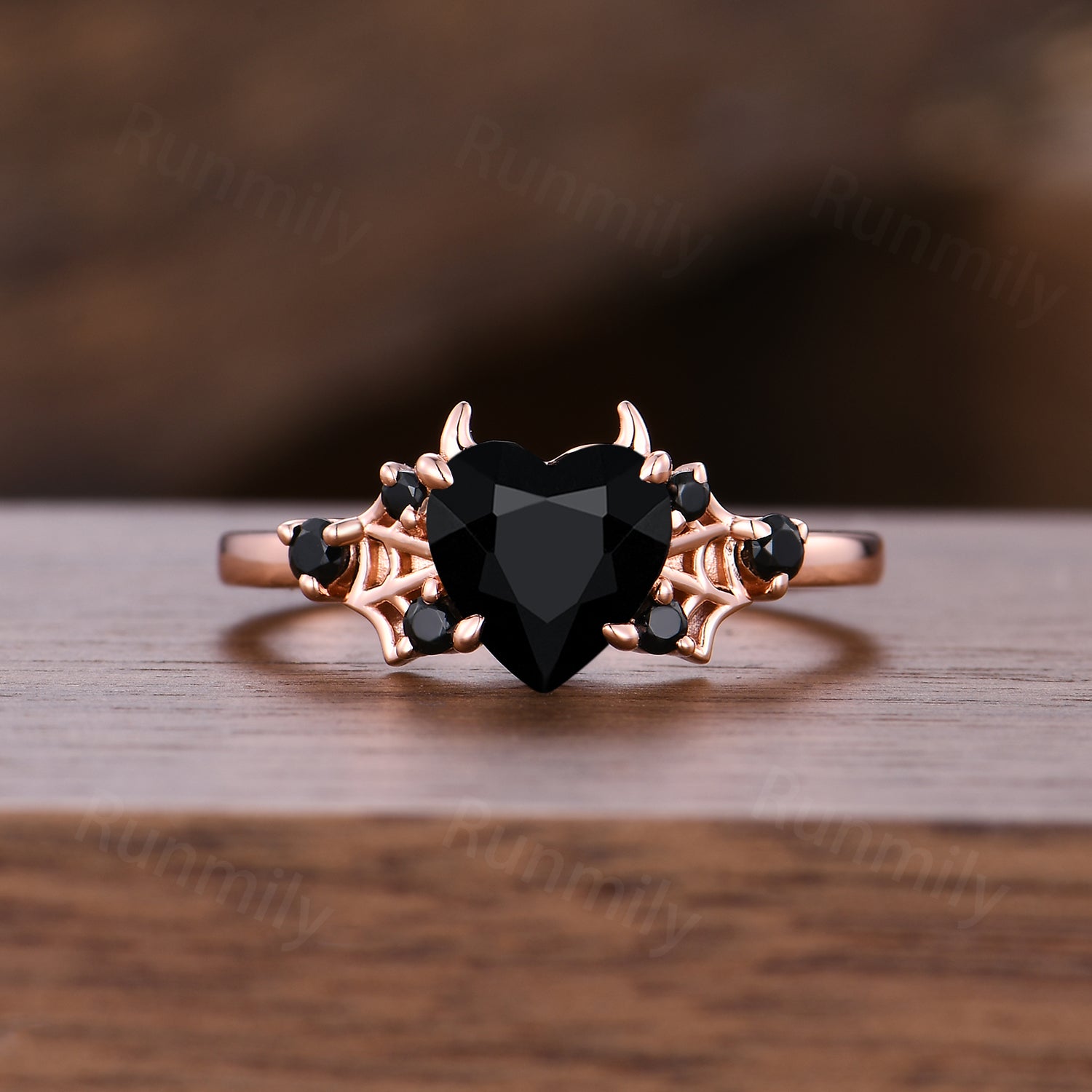 Vampire Black Onyx Engagement Ring, Gothic Spider Wed Promise Anniversary Ring, Heart Shaped Ring