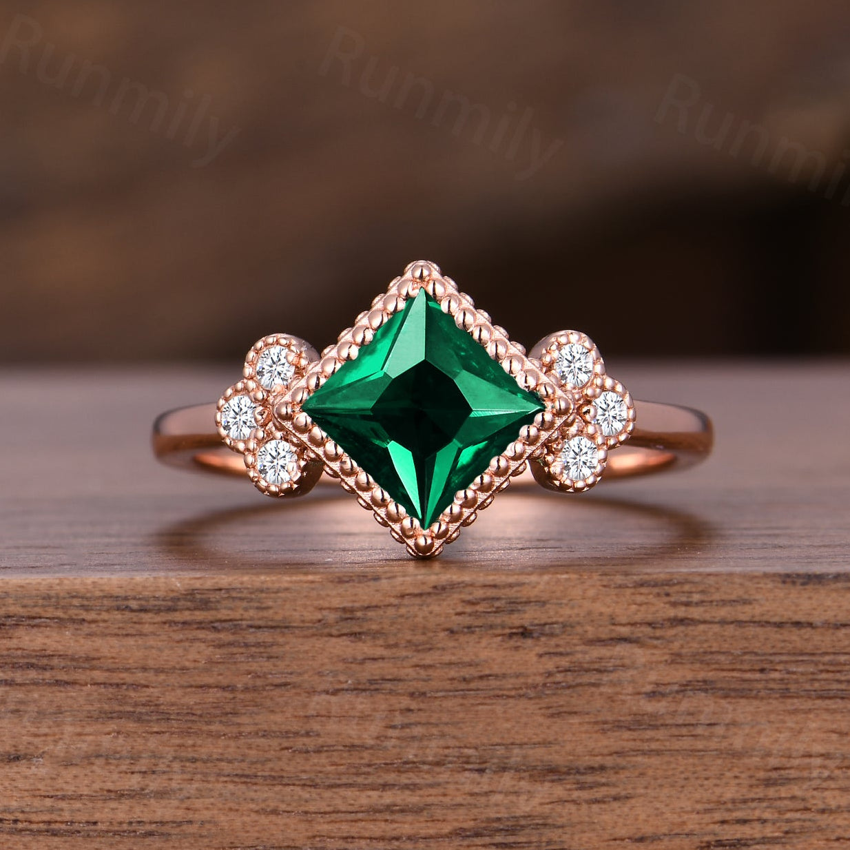 Princess Cut Emerald Engagement Ring Art Deco Milgrain Moissanite Wedding Ring Unique Bezel Set Engagement Ring May Birthstone Promise Ring