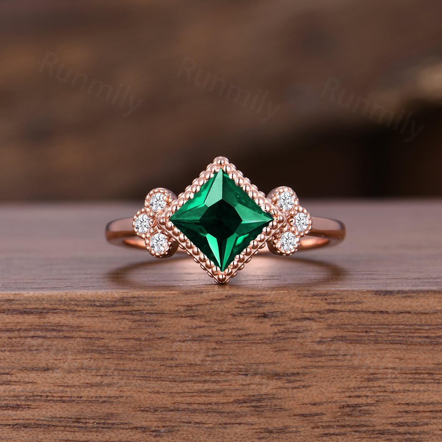 Princess Cut Emerald Engagement Ring Art Deco Milgrain Moissanite Wedding Ring Unique Bezel Set Engagement Ring May Birthstone Promise Ring