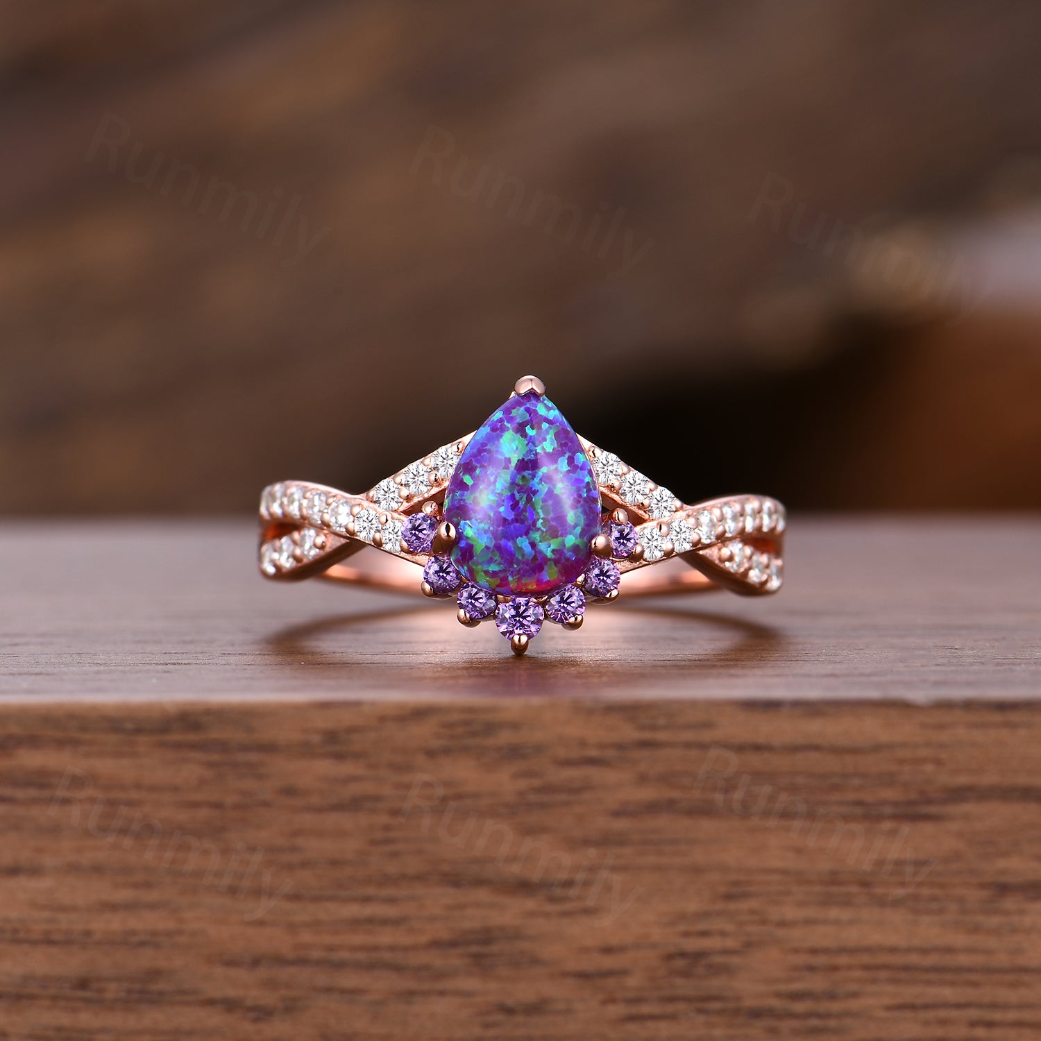 Vintage Lavender Opal Engagement Ring Set Rose Gold Purple Fire Opal Ring Art Deco Curved Amethyst Wedding Ring Set For Women