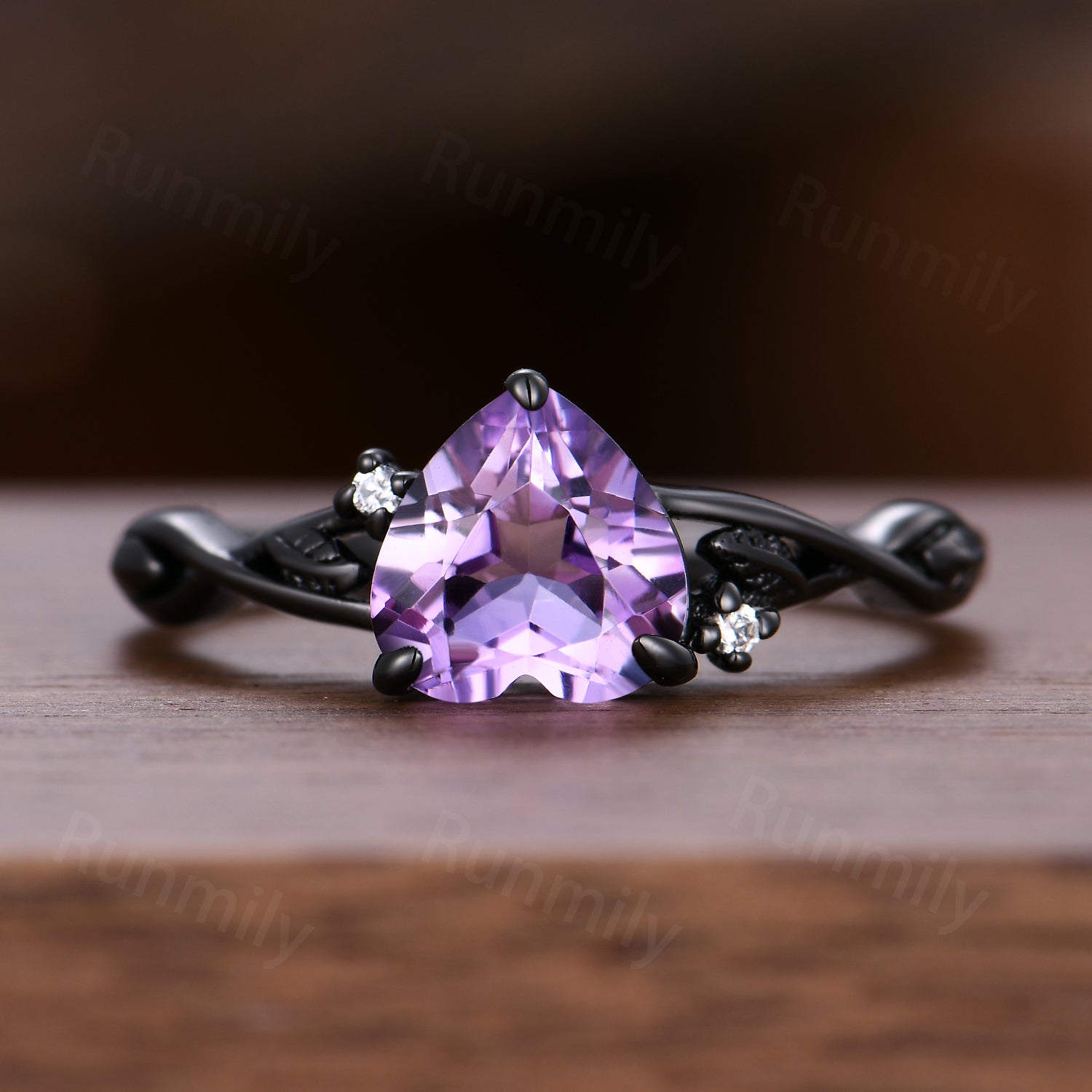 Gothic heart shaped Amethyst engagement ring black gold art deco twig leaf nature inspired moissanite bridal wedding ring set Romantic gifts