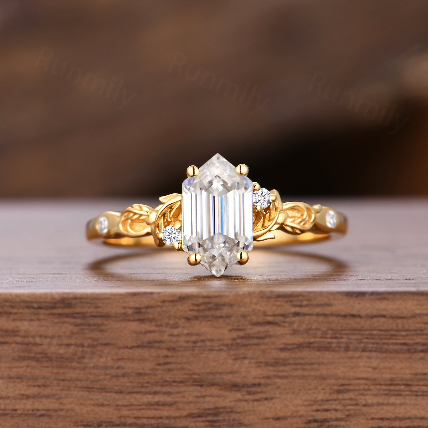 Art Deco Nature Inspired Moissanite Engagement Ring Yellow Gold Vintage Hexagon Cut Diamond For Women Antique Filigree Anniversary Ring Set