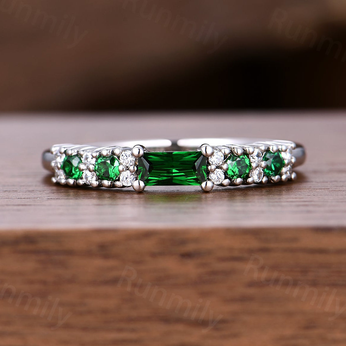 Baguette Emerald Wedding Band Unique Dainty Moissanite Band Art Deco Cluster Stacking Anniversary Ring For Women