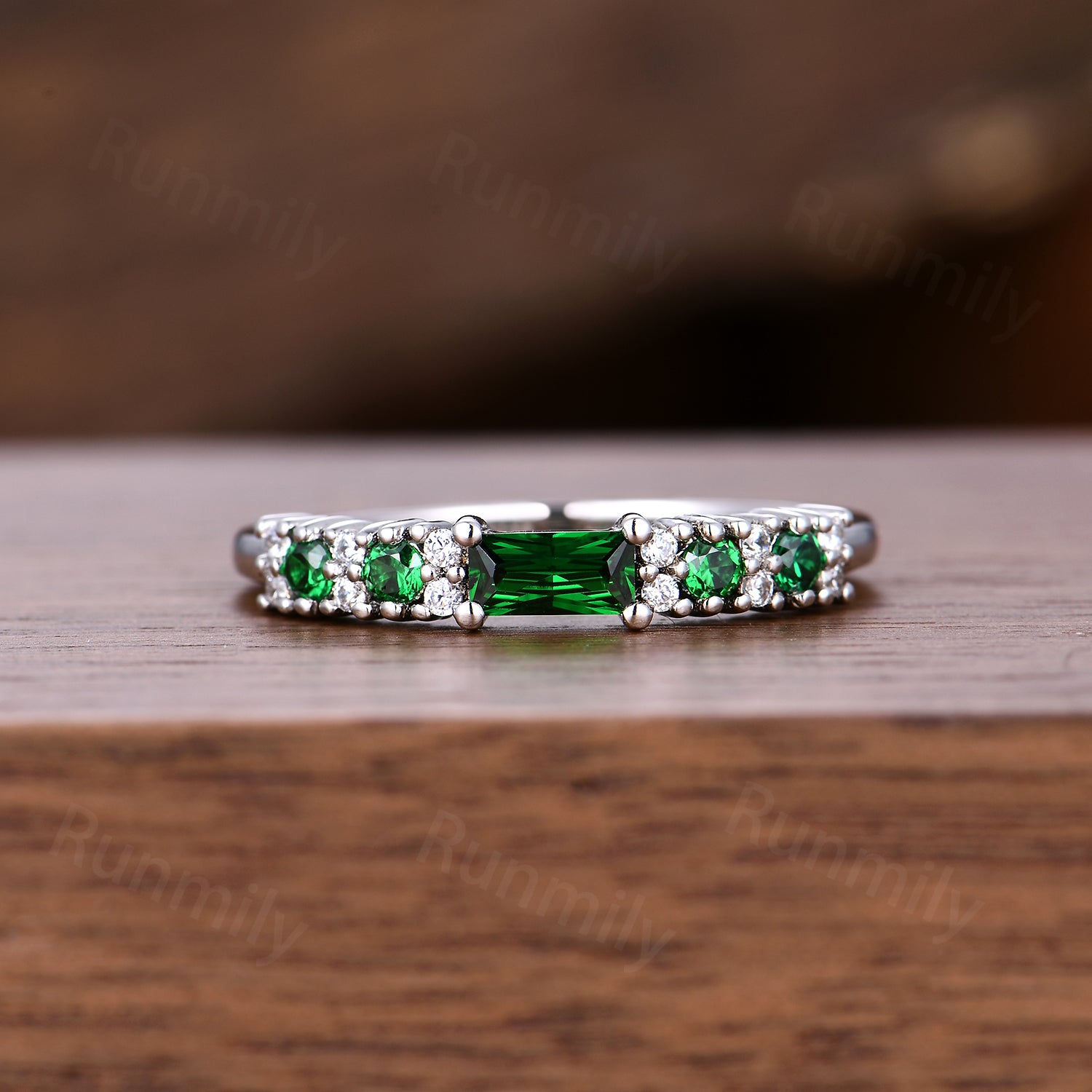 Baguette Emerald Wedding Band Unique Dainty Moissanite Band Art Deco Cluster Stacking Anniversary Ring For Women