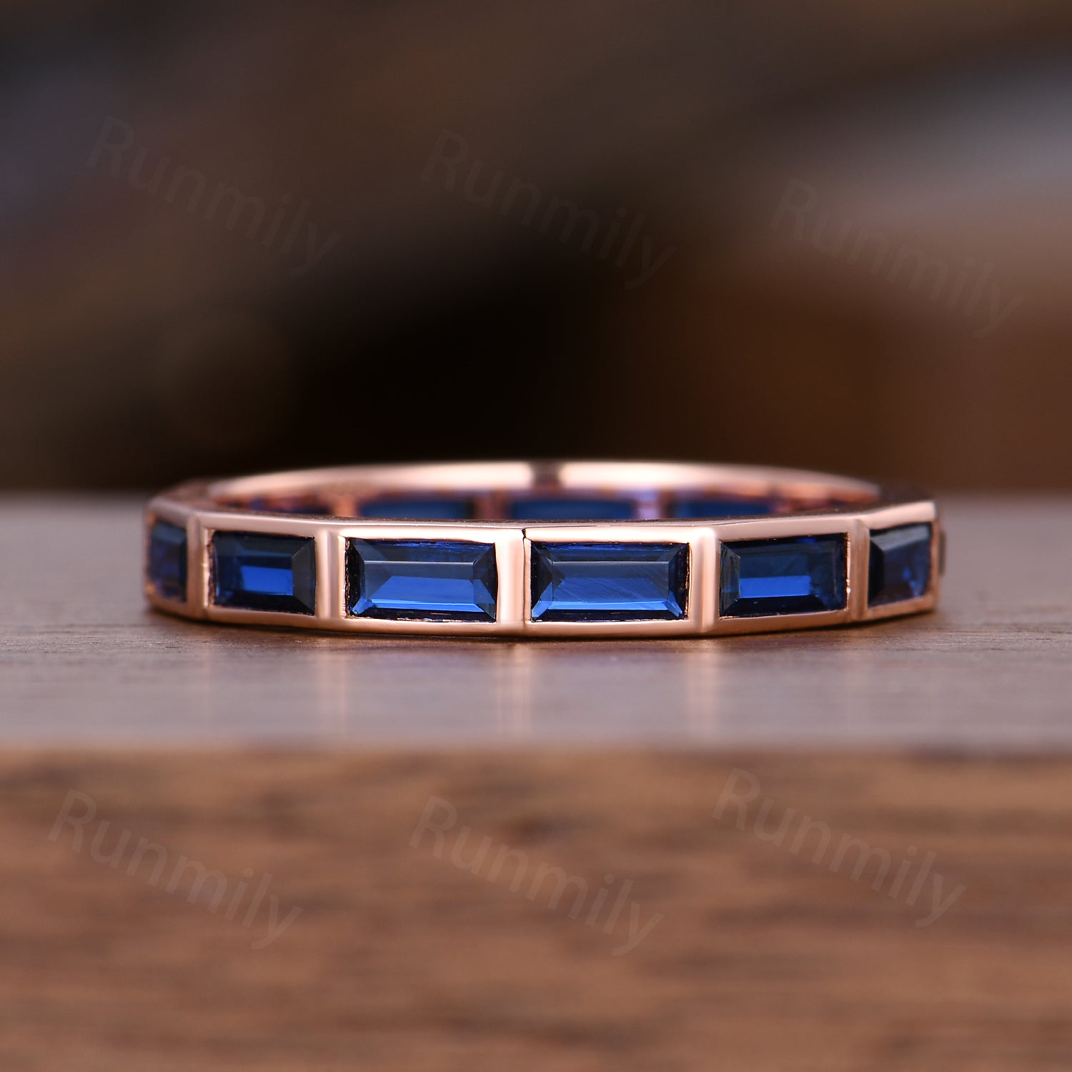 Rose Gold Baguette Sapphire Wedding Band: Vintage Full Eternity Ring