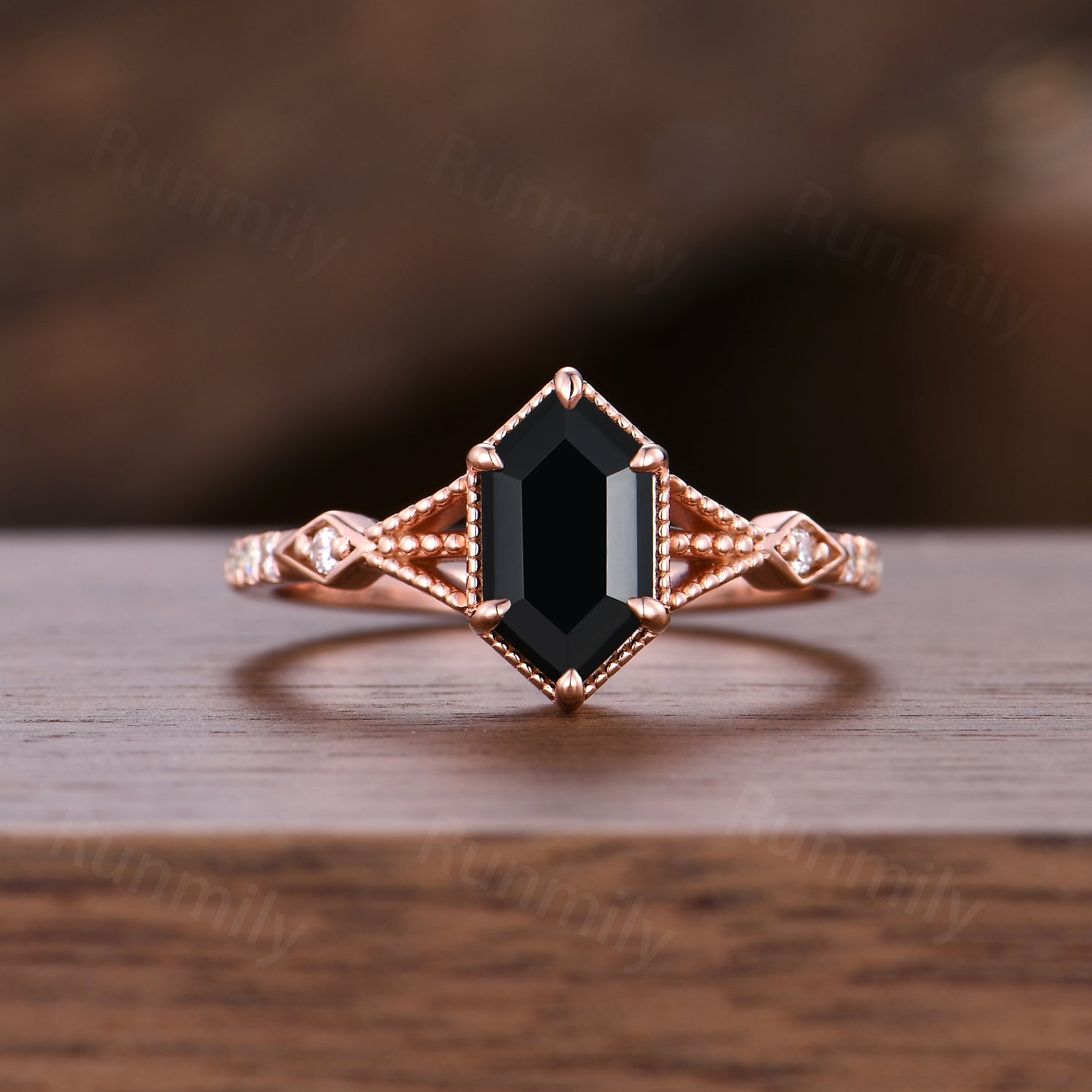 Vintage Black Onyx Engagement Ring Set Women Rose Gold Hexagon Cut Wedding Ring Double Curved Moissanite Enhancer Stacking Bridal Ring