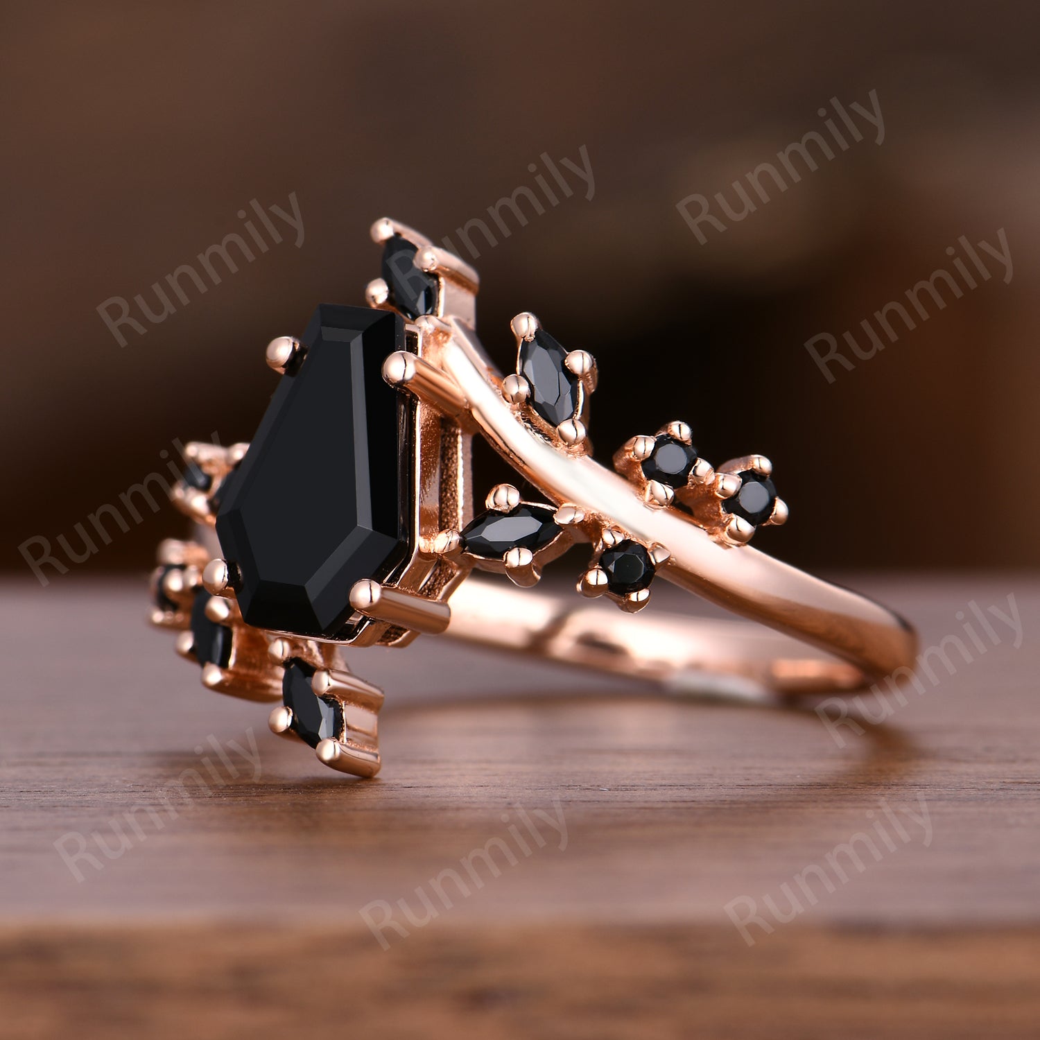 Coffin Cut Black Onyx Ring Rose Gold Wedding Band Promise Ring For Women Black Gems Ring