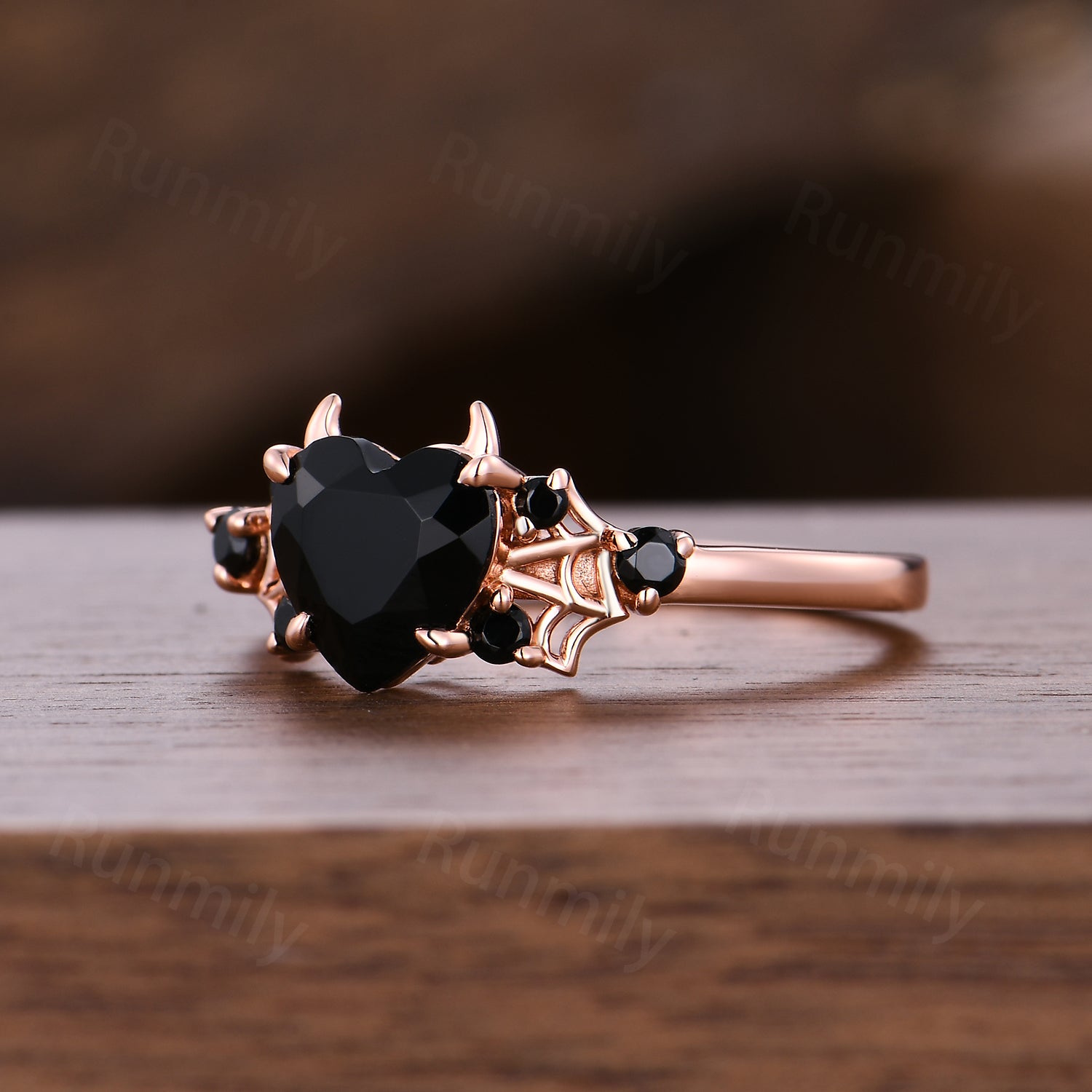 Vampire Black Onyx Engagement Ring, Gothic Spider Wed Promise Anniversary Ring, Heart Shaped Ring