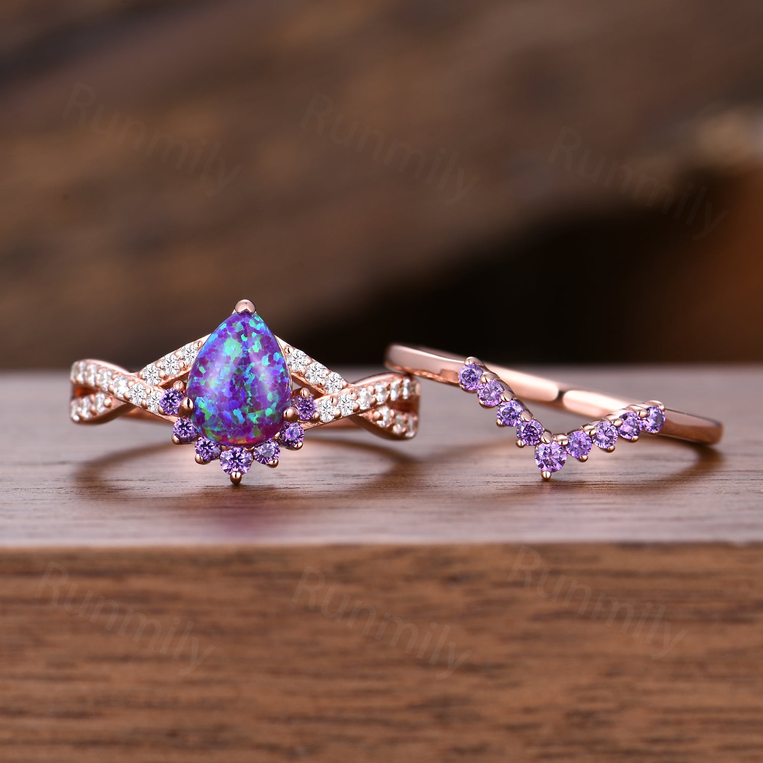 Vintage Lavender Opal Engagement Ring Set Rose Gold Purple Fire Opal Ring Art Deco Curved Amethyst Wedding Ring Set For Women