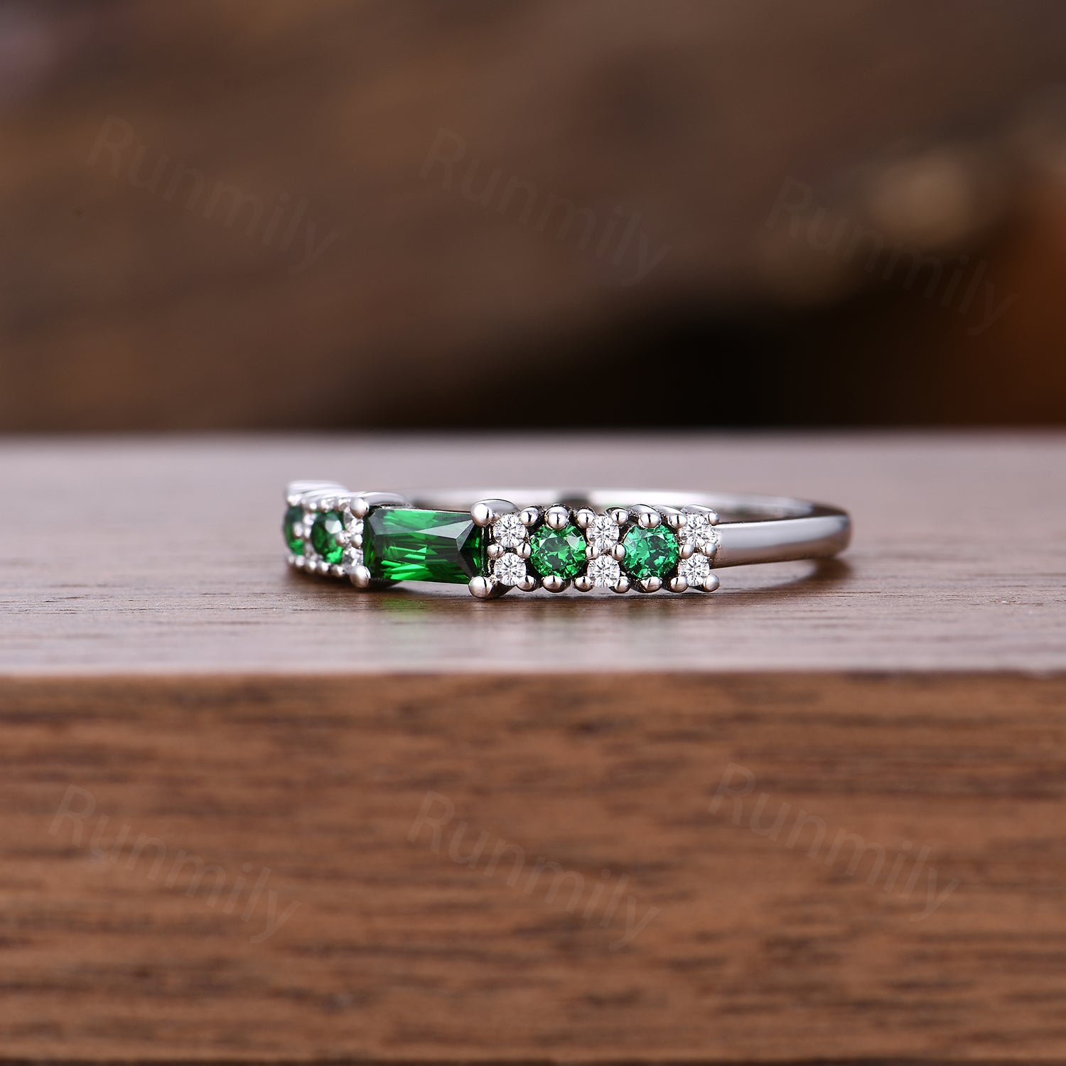 Baguette Emerald Wedding Band Unique Dainty Moissanite Band Art Deco Cluster Stacking Anniversary Ring For Women