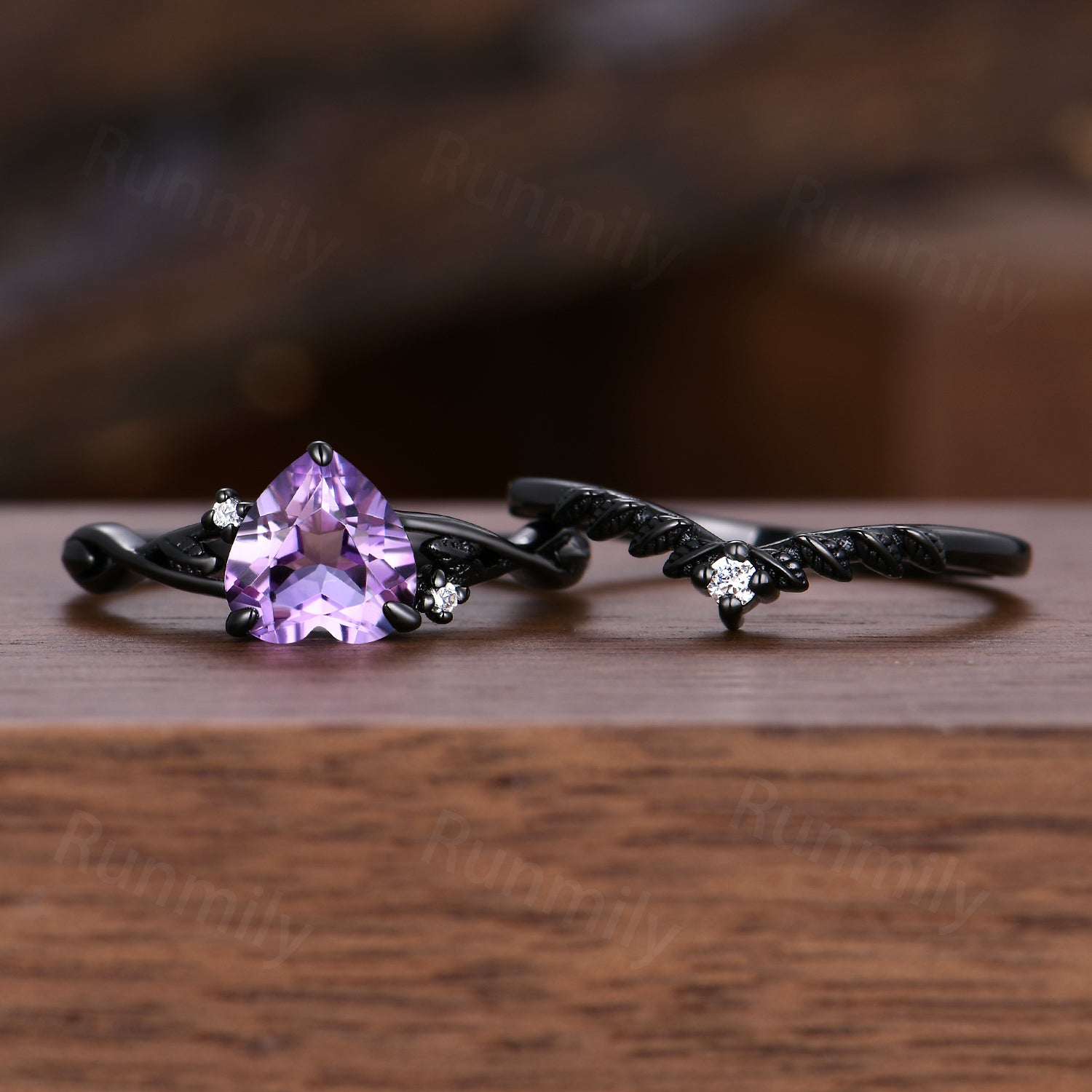 Gothic heart shaped Amethyst engagement ring black gold art deco twig leaf nature inspired moissanite bridal wedding ring set Romantic gifts