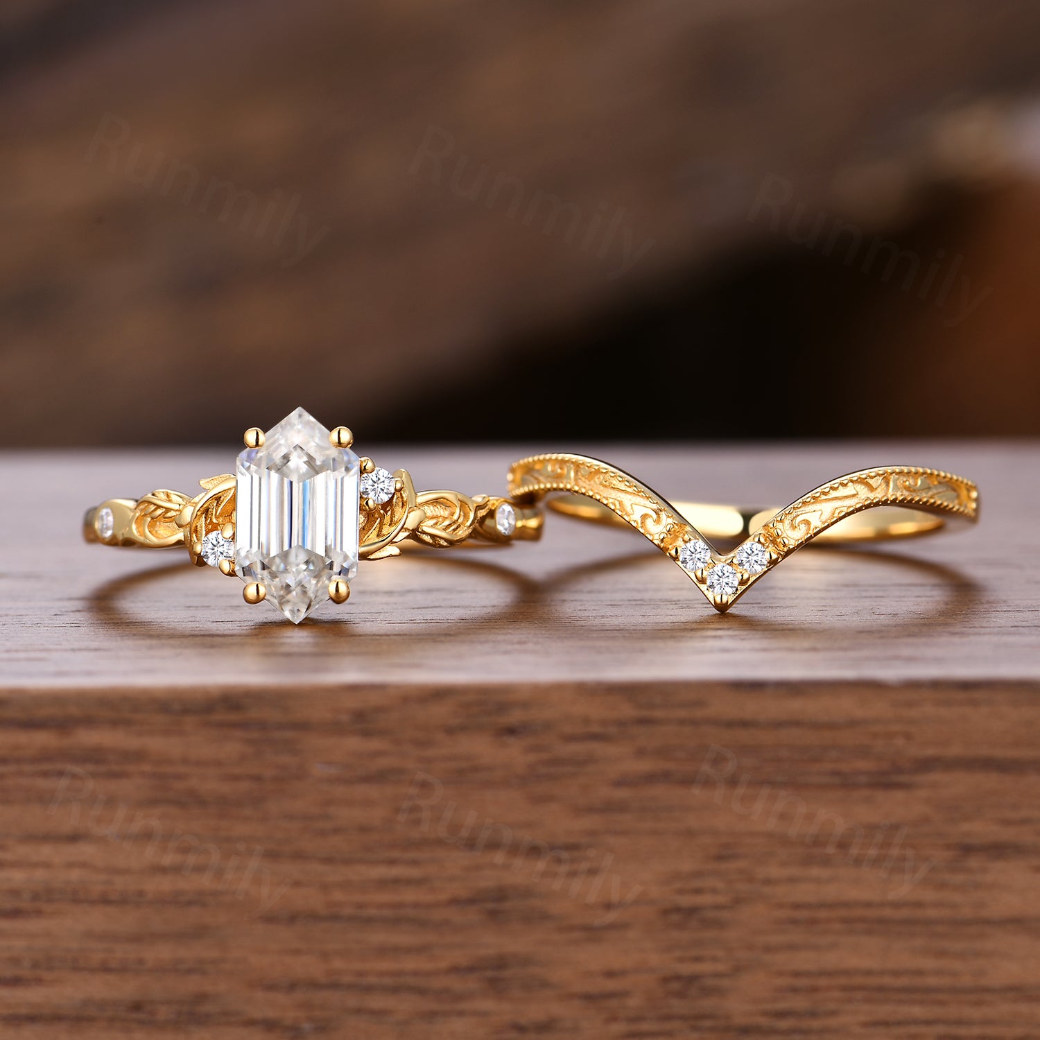 Art Deco Nature Inspired Moissanite Engagement Ring Yellow Gold Vintage Hexagon Cut Diamond For Women Antique Filigree Anniversary Ring Set