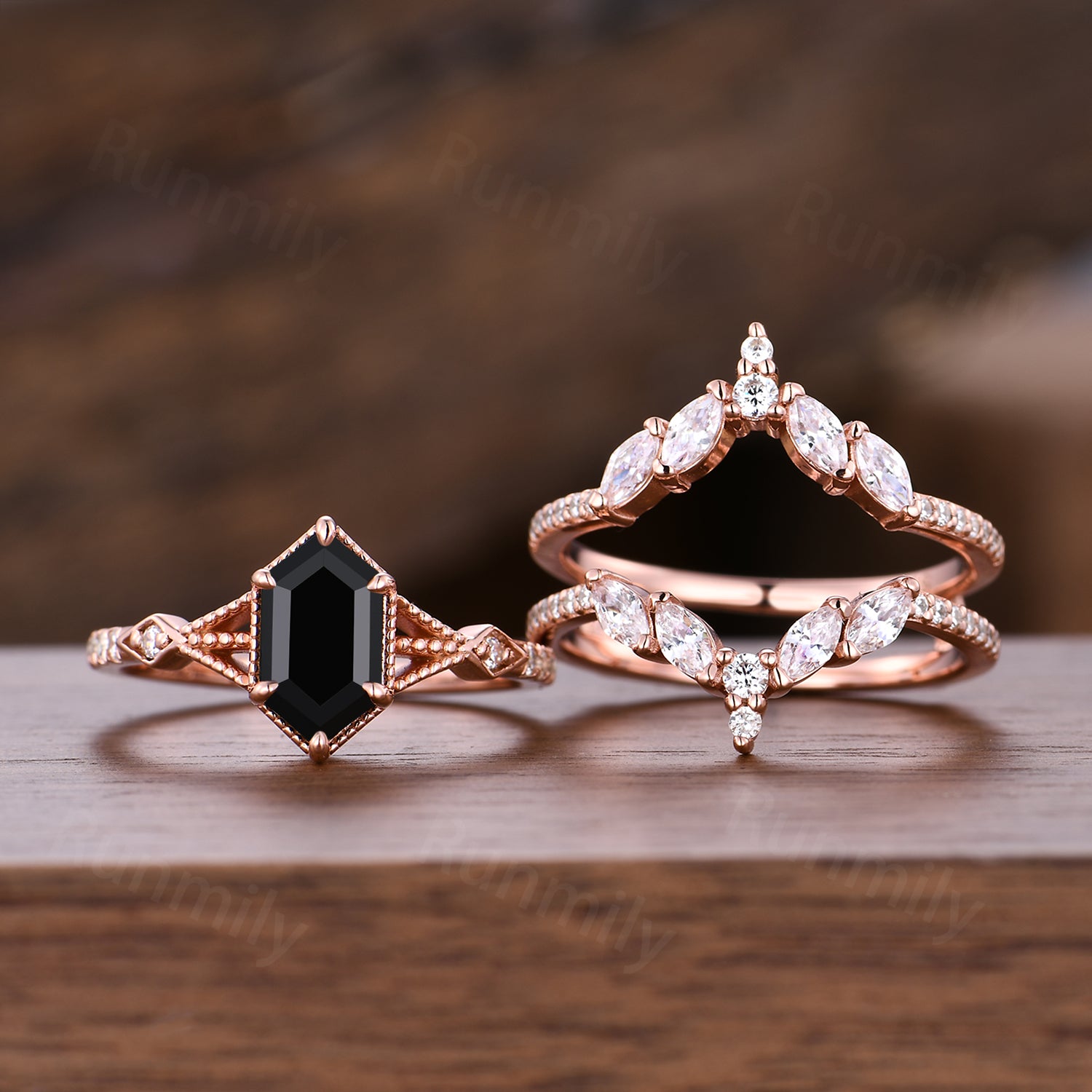 Vintage Black Onyx Engagement Ring Set Women Rose Gold Hexagon Cut Wedding Ring Double Curved Moissanite Enhancer Stacking Bridal Ring