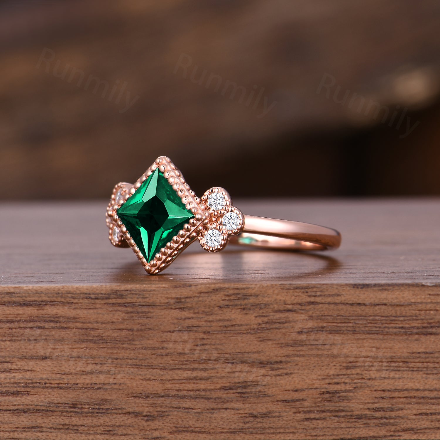 Princess Cut Emerald Engagement Ring Art Deco Milgrain Moissanite Wedding Ring Unique Bezel Set Engagement Ring May Birthstone Promise Ring