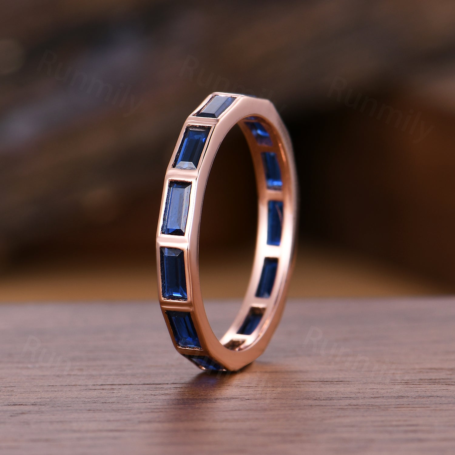 Rose Gold Baguette Sapphire Wedding Band: Vintage Full Eternity Ring
