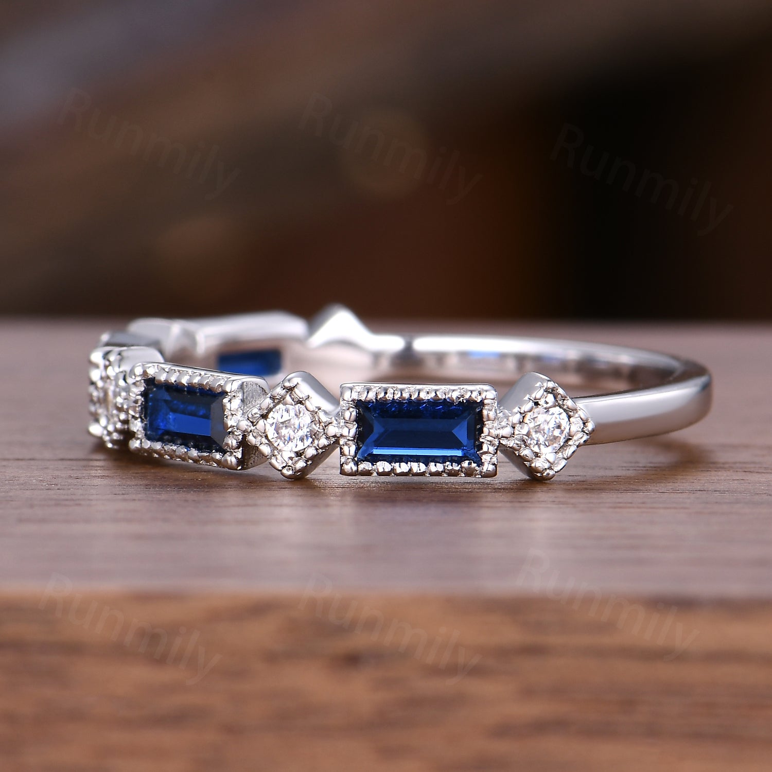 Art Deco Blue Sapphire Moissanite Wedding Band: Sterling Silver Baguette Ring