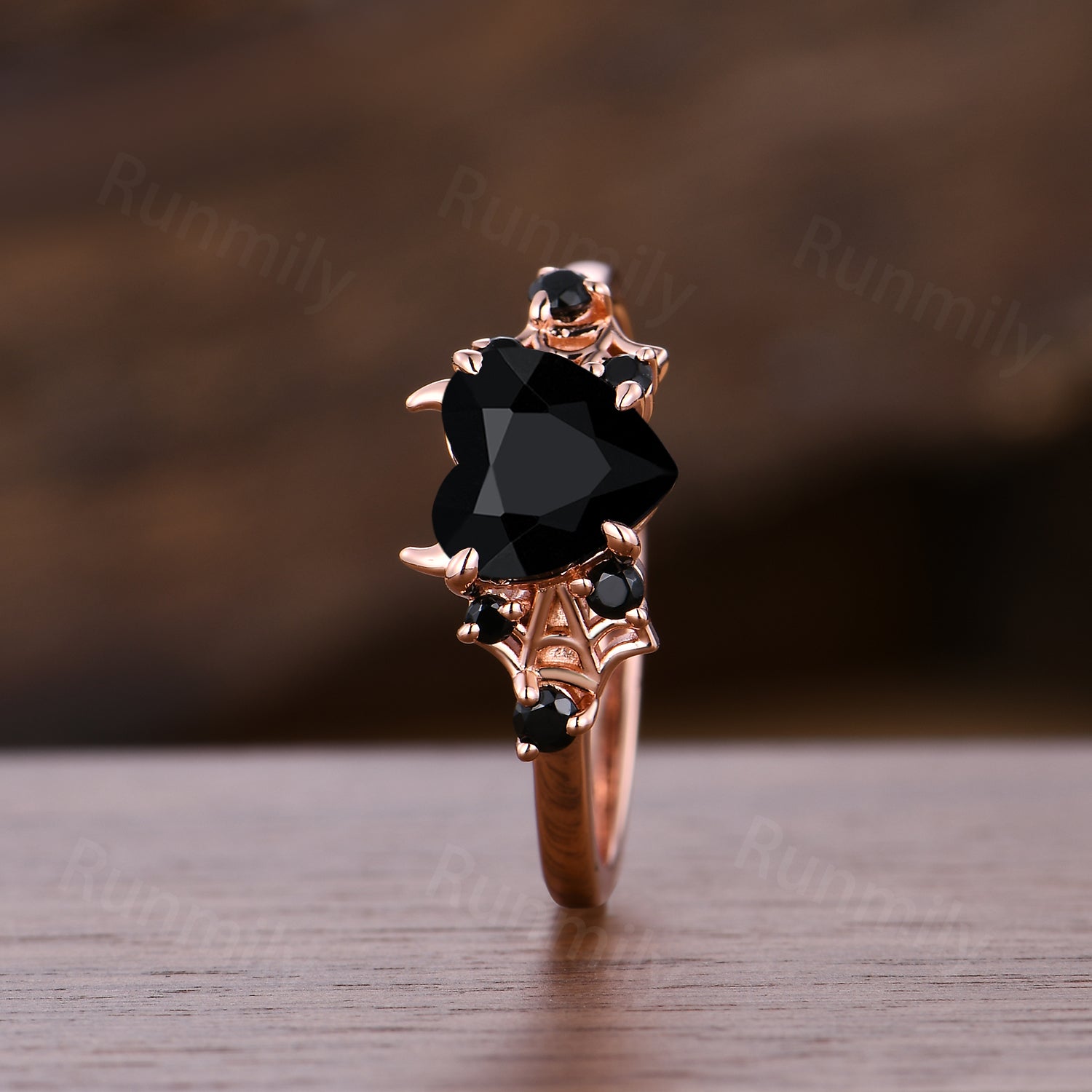 Vampire Black Onyx Engagement Ring, Gothic Spider Wed Promise Anniversary Ring, Heart Shaped Ring