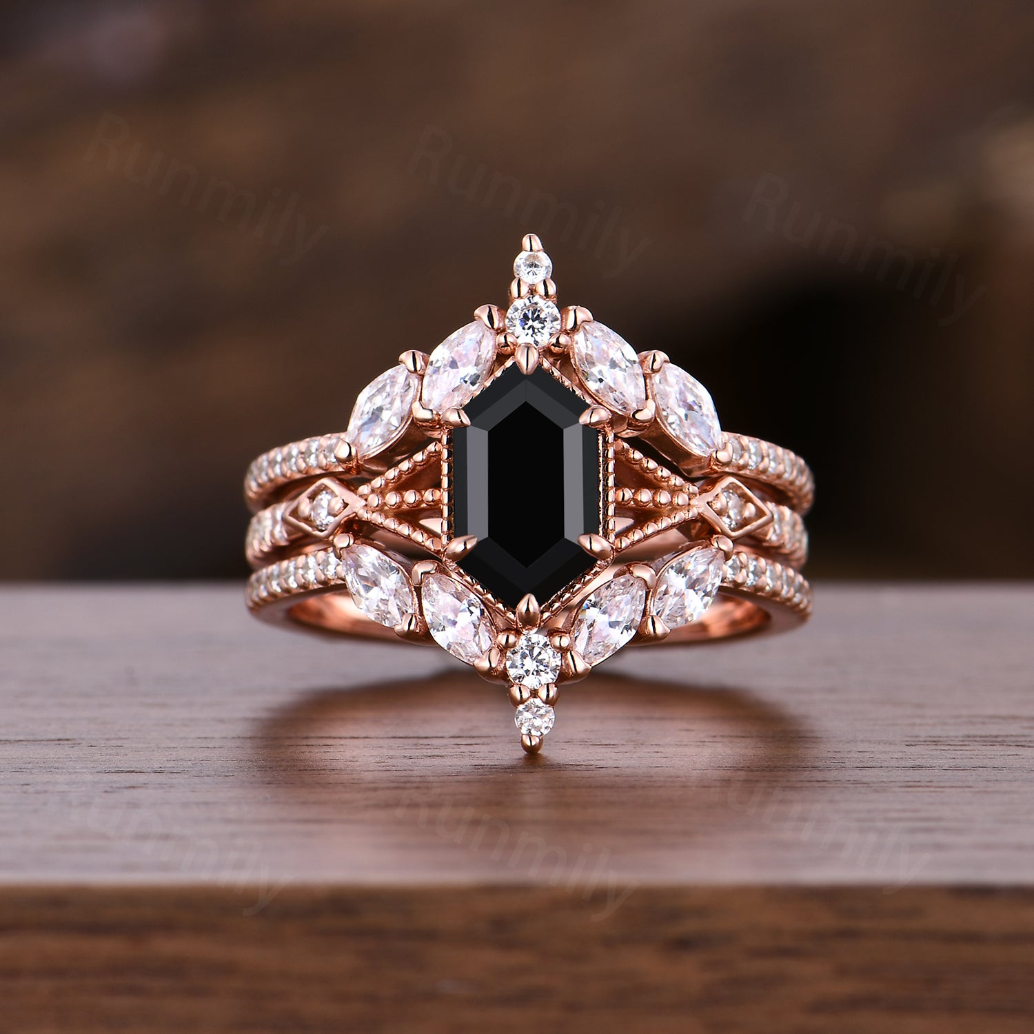 Vintage Black Onyx Engagement Ring Set Women Rose Gold Hexagon Cut Wedding Ring Double Curved Moissanite Enhancer Stacking Bridal Ring