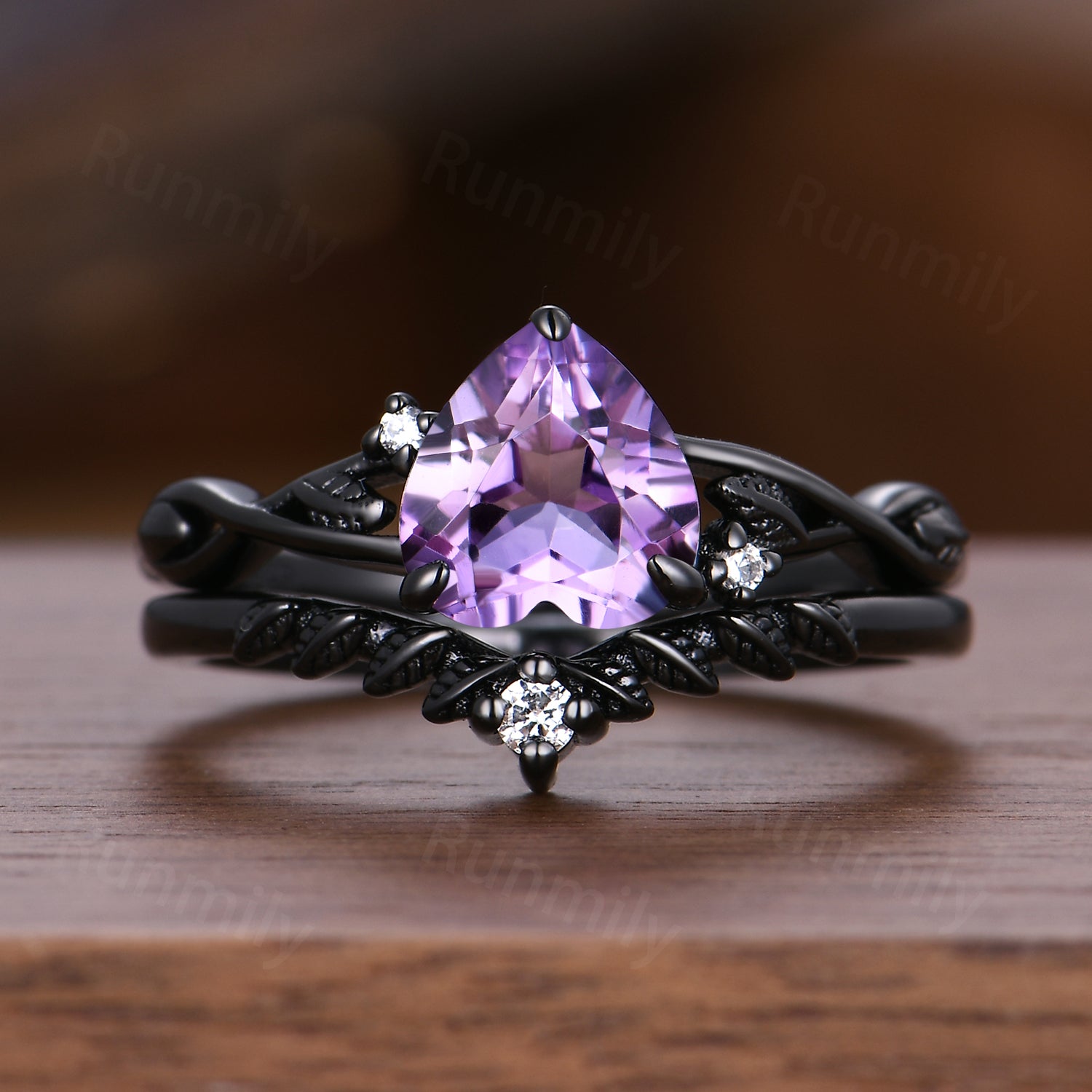 Gothic heart shaped Amethyst engagement ring black gold art deco twig leaf nature inspired moissanite bridal wedding ring set Romantic gifts