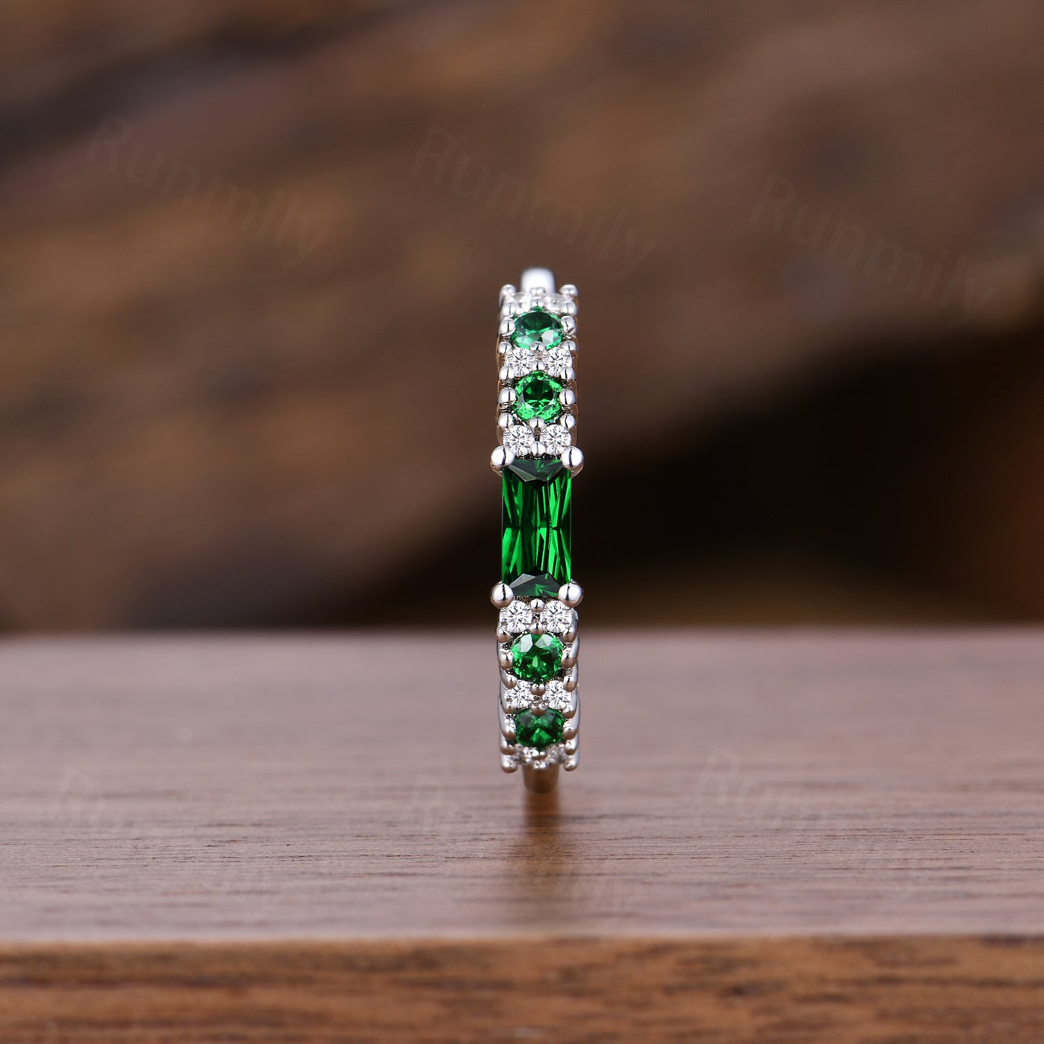 Baguette Emerald Wedding Band Unique Dainty Moissanite Band Art Deco Cluster Stacking Anniversary Ring For Women
