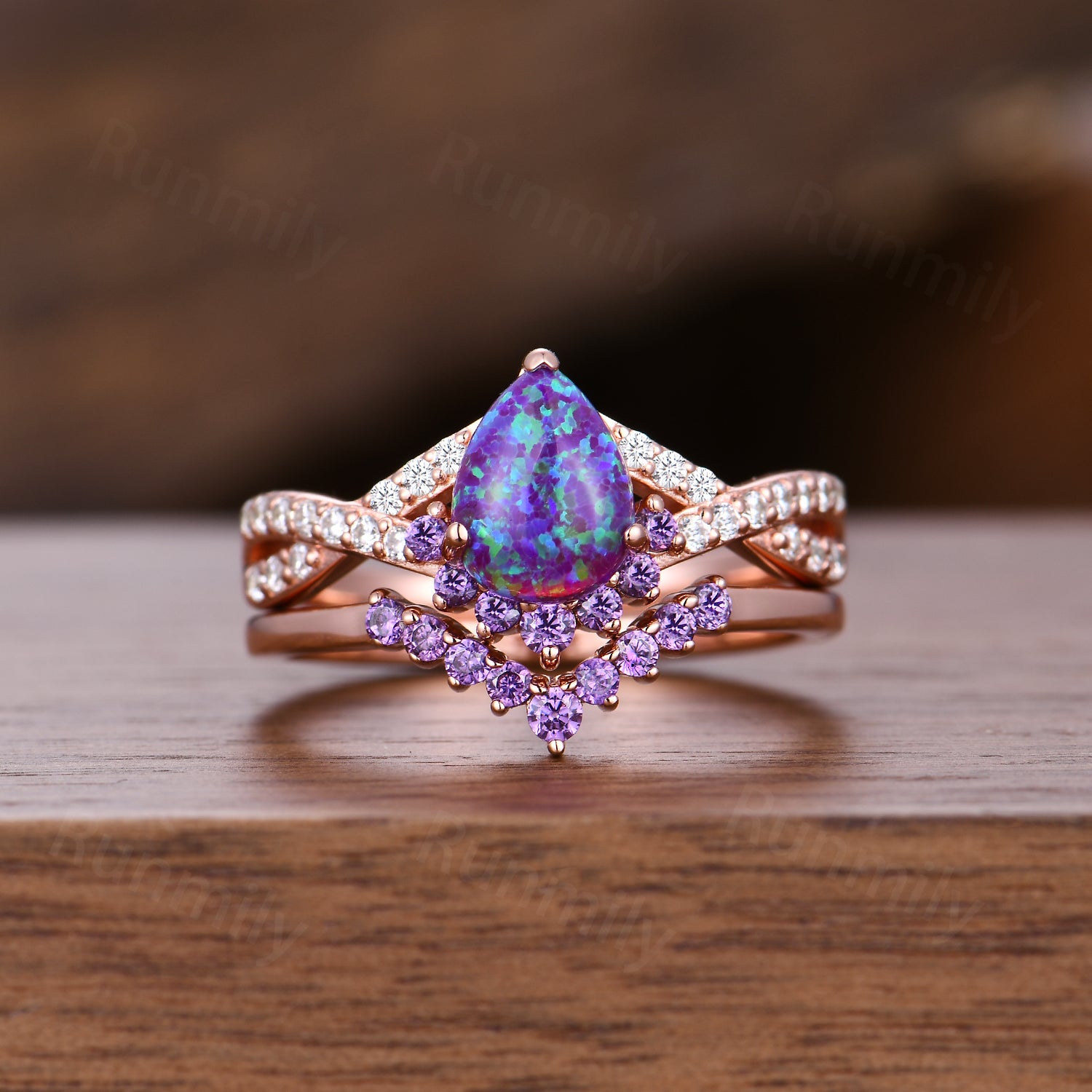 Vintage Lavender Opal Engagement Ring Set Rose Gold Purple Fire Opal Ring Art Deco Curved Amethyst Wedding Ring Set For Women
