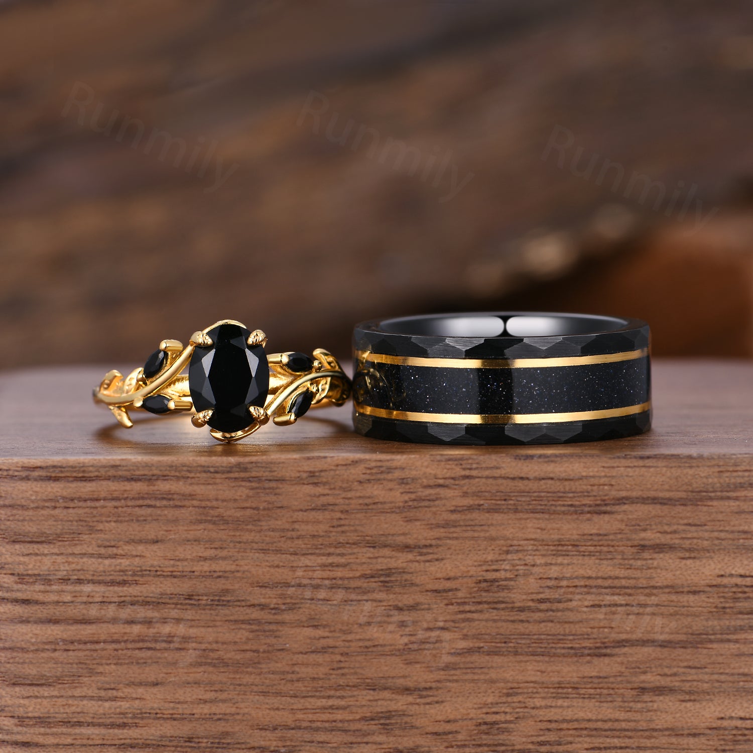 Vintage Black Onyx & Meteorite Couples Ring Set Yellow Gold Matching Rings His and Her Wedding Band Unique Promise Rings