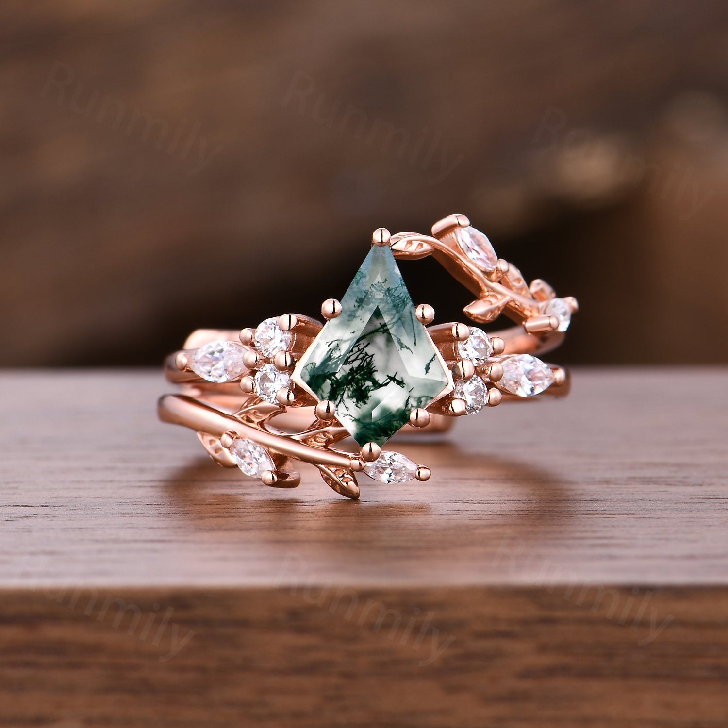 Kite cut Moss Agate engagement ring set women 14k rose gold moissanite branch leaf cluster wedding band enhancer promise ring for her