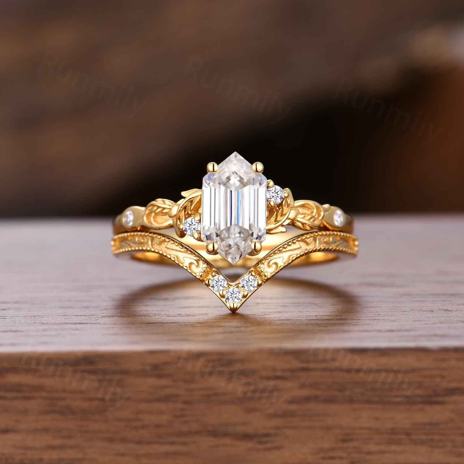 Art Deco Nature Inspired Moissanite Engagement Ring Yellow Gold Vintage Hexagon Cut Diamond For Women Antique Filigree Anniversary Ring Set