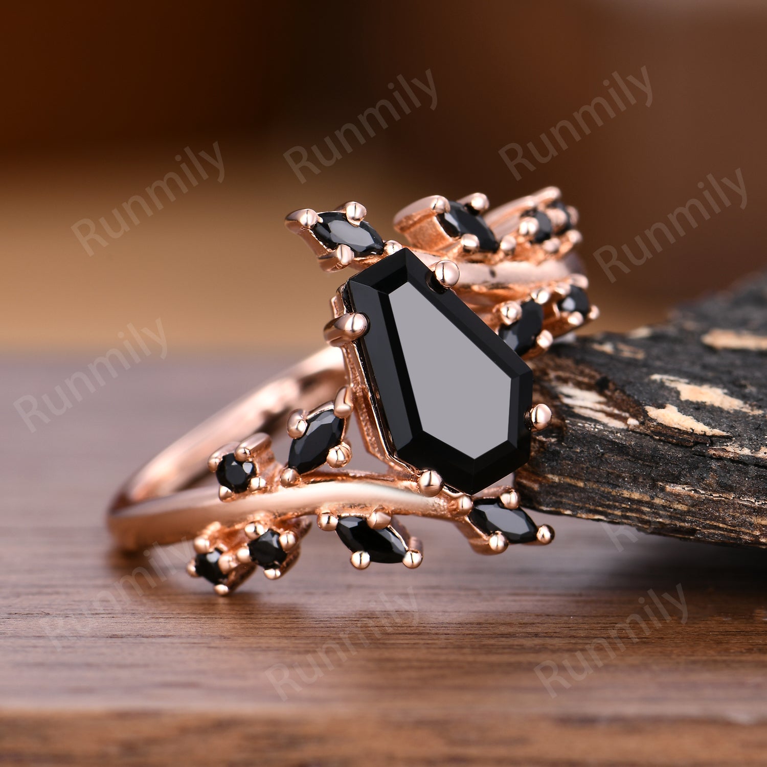 Coffin Cut Black Onyx Ring Rose Gold Wedding Band Promise Ring For Women Black Gems Ring