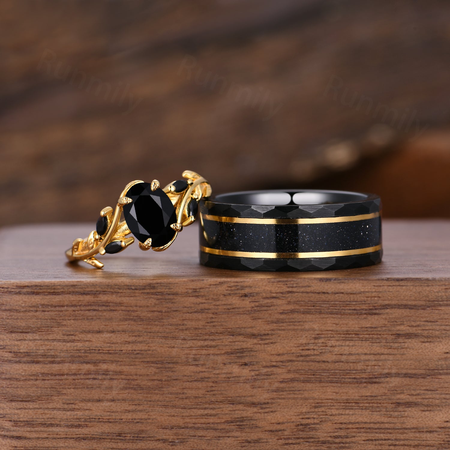Vintage Black Onyx & Meteorite Couples Ring Set Yellow Gold Matching Rings His and Her Wedding Band Unique Promise Rings