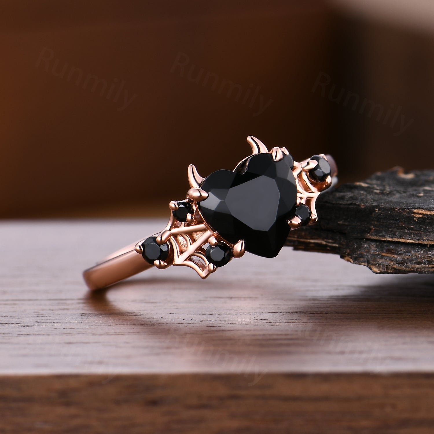Vampire Black Onyx Engagement Ring, Gothic Spider Wed Promise Anniversary Ring, Heart Shaped Ring
