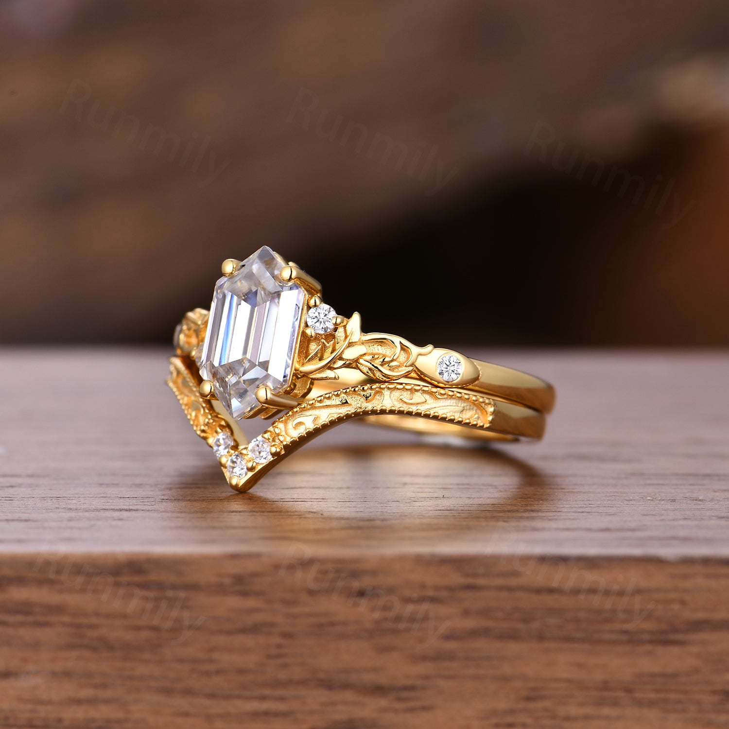 Art Deco Nature Inspired Moissanite Engagement Ring Yellow Gold Vintage Hexagon Cut Diamond For Women Antique Filigree Anniversary Ring Set