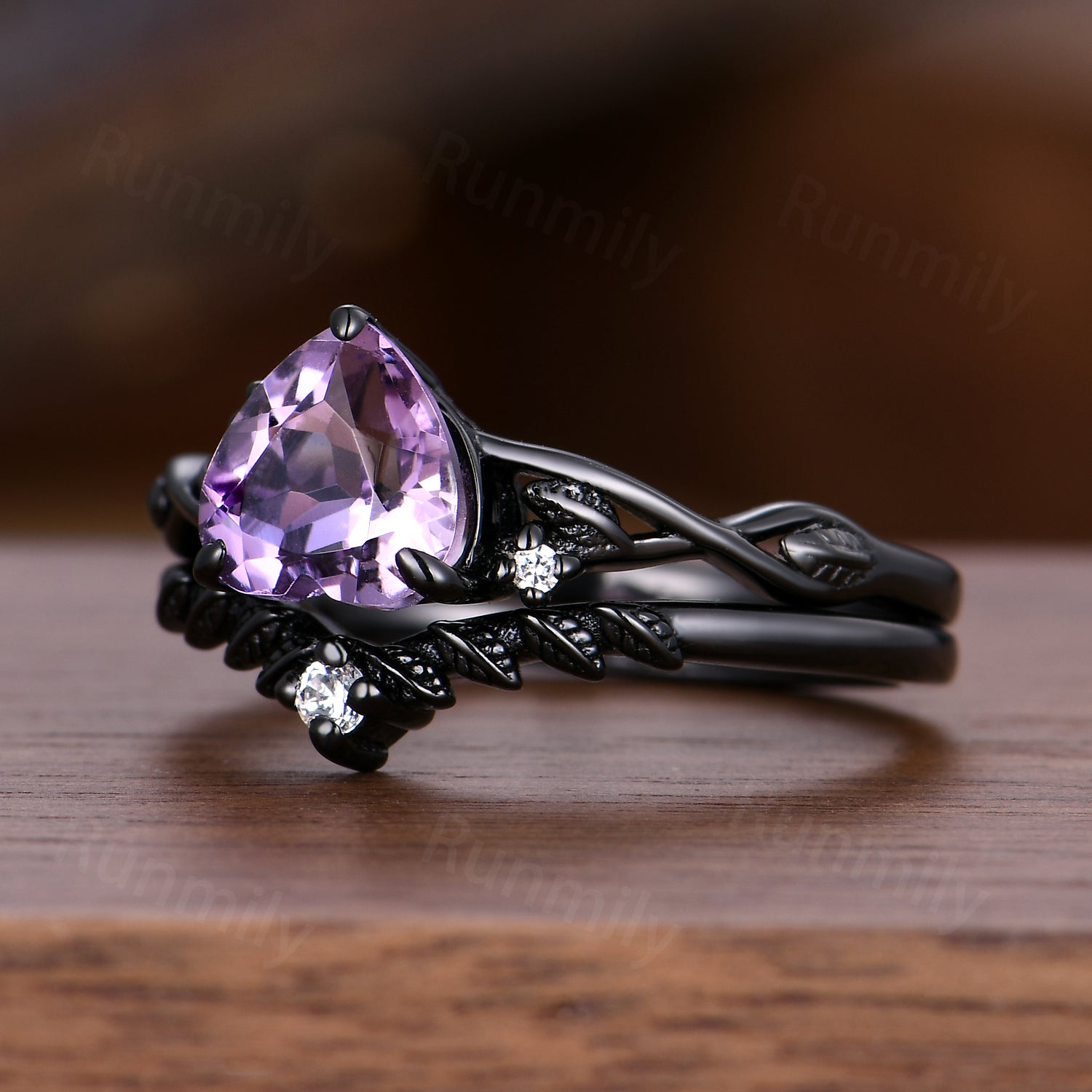 Gothic heart shaped Amethyst engagement ring black gold art deco twig leaf nature inspired moissanite bridal wedding ring set Romantic gifts