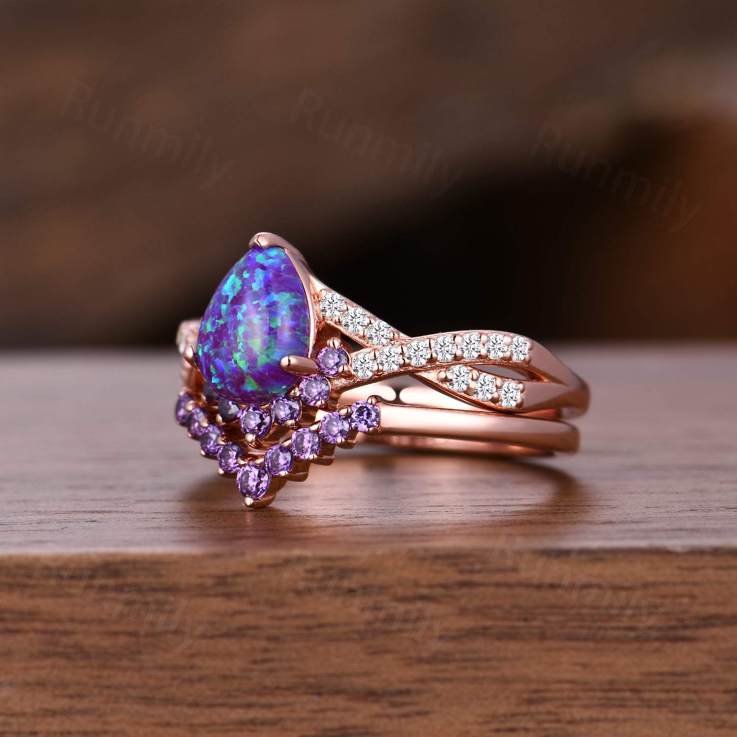 Vintage Lavender Opal Engagement Ring Set Rose Gold Purple Fire Opal Ring Art Deco Curved Amethyst Wedding Ring Set For Women