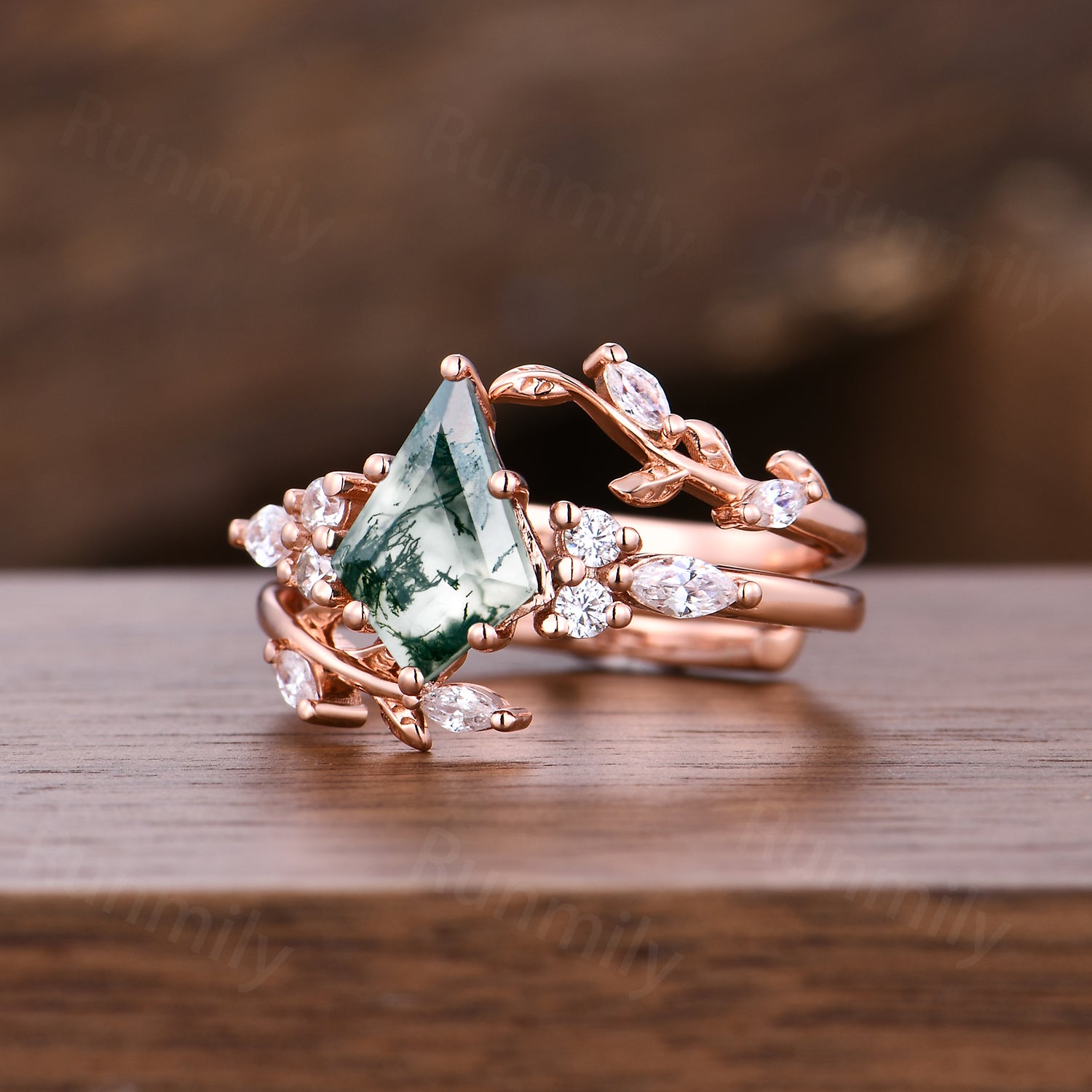 Kite cut Moss Agate engagement ring set women 14k rose gold moissanite branch leaf cluster wedding band enhancer promise ring for her