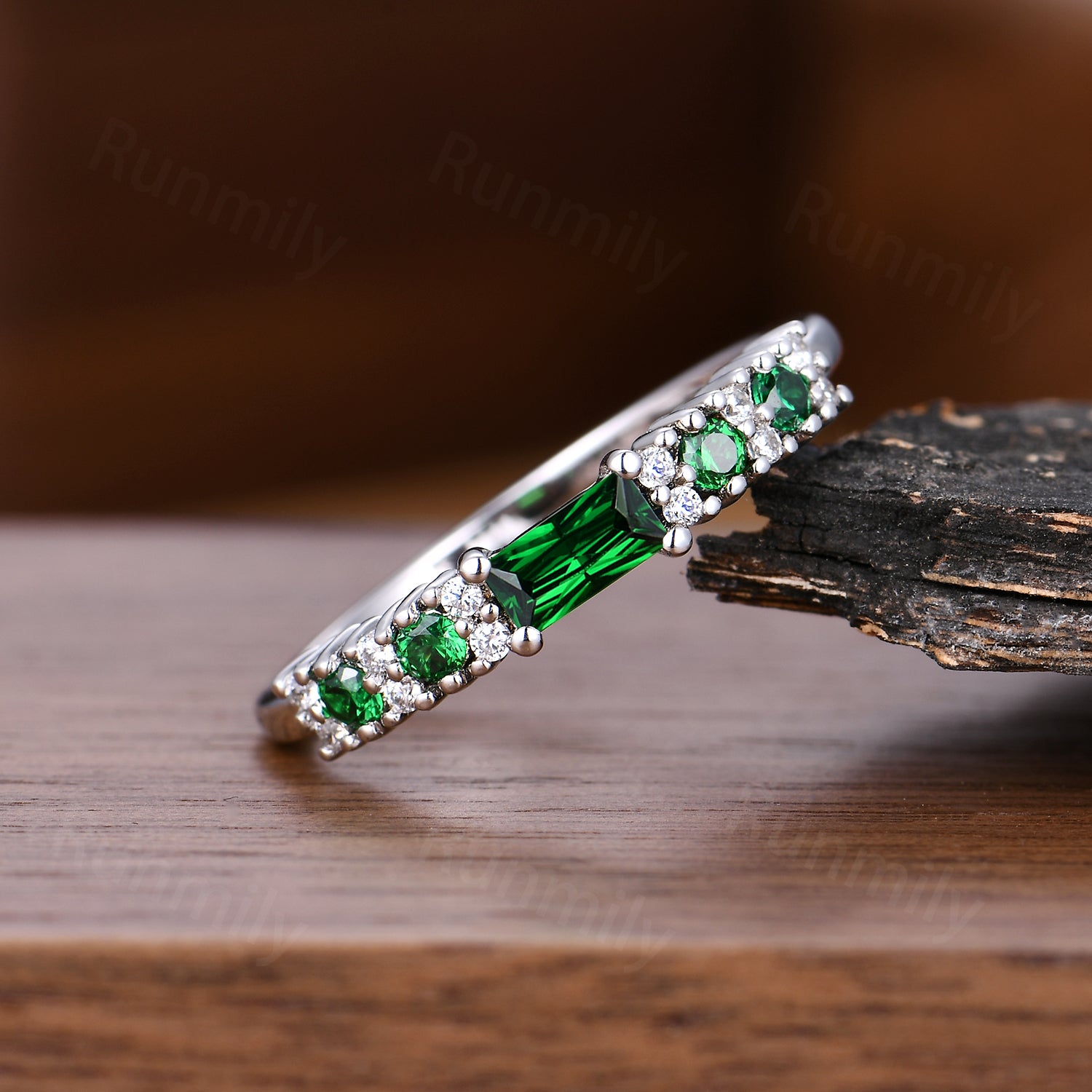 Baguette Emerald Wedding Band Unique Dainty Moissanite Band Art Deco Cluster Stacking Anniversary Ring For Women