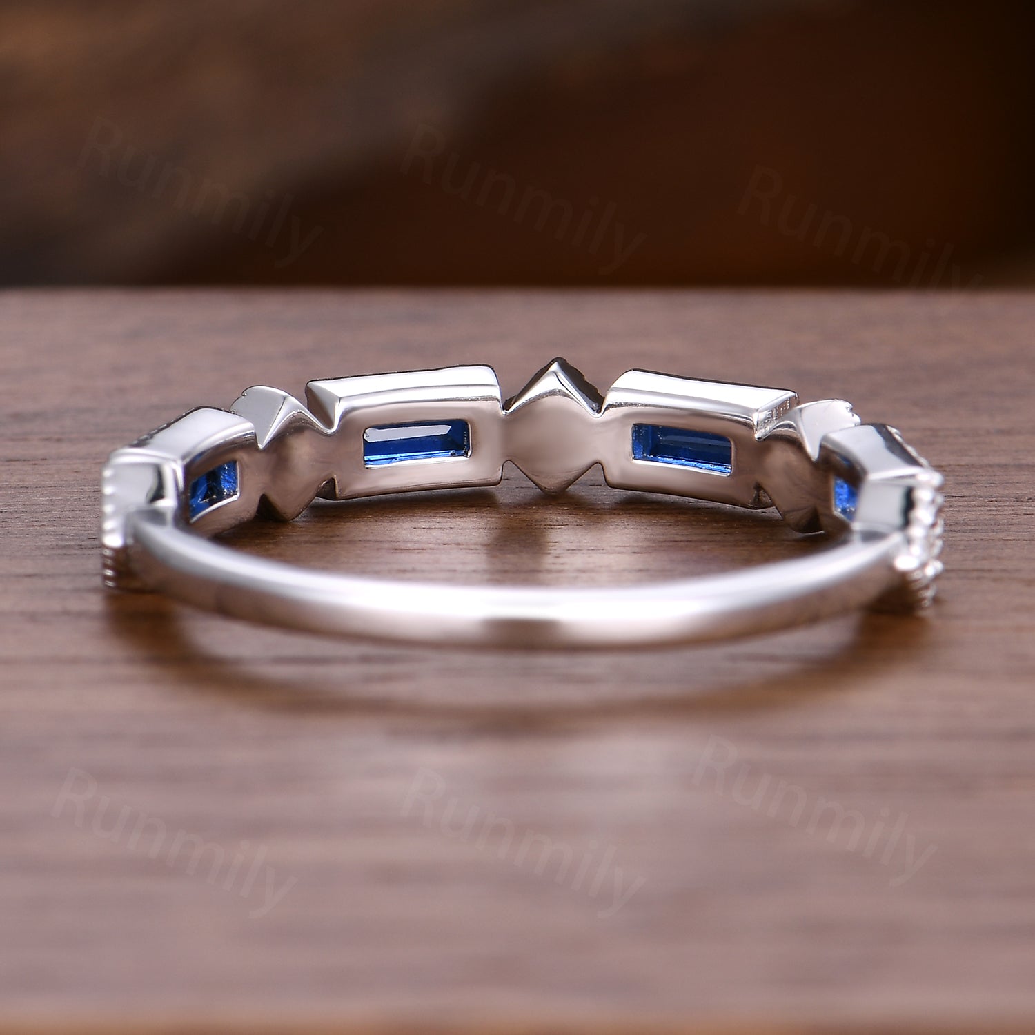 Art Deco Blue Sapphire Moissanite Wedding Band: Sterling Silver Baguette Ring