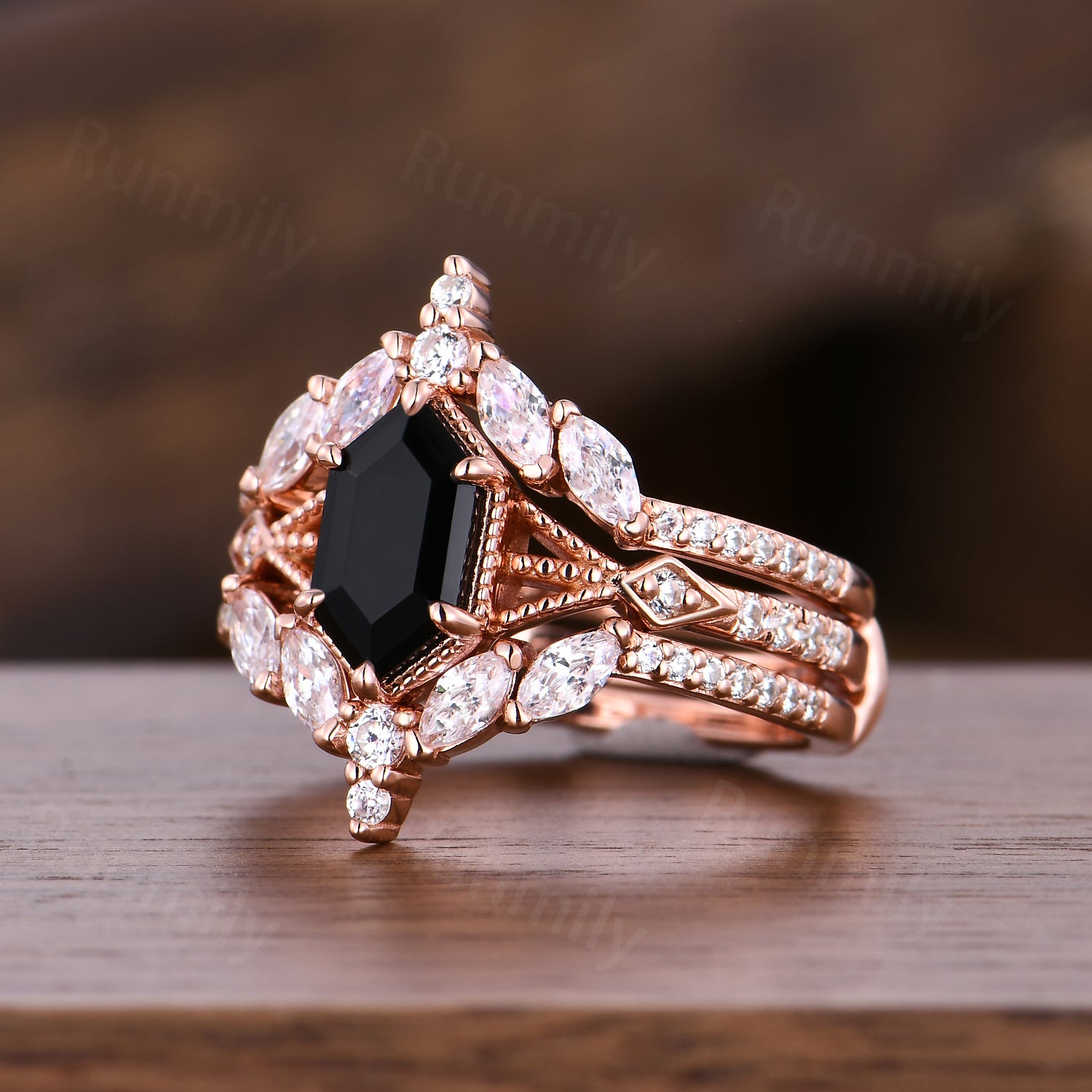 Vintage Black Onyx Engagement Ring Set Women Rose Gold Hexagon Cut Wedding Ring Double Curved Moissanite Enhancer Stacking Bridal Ring