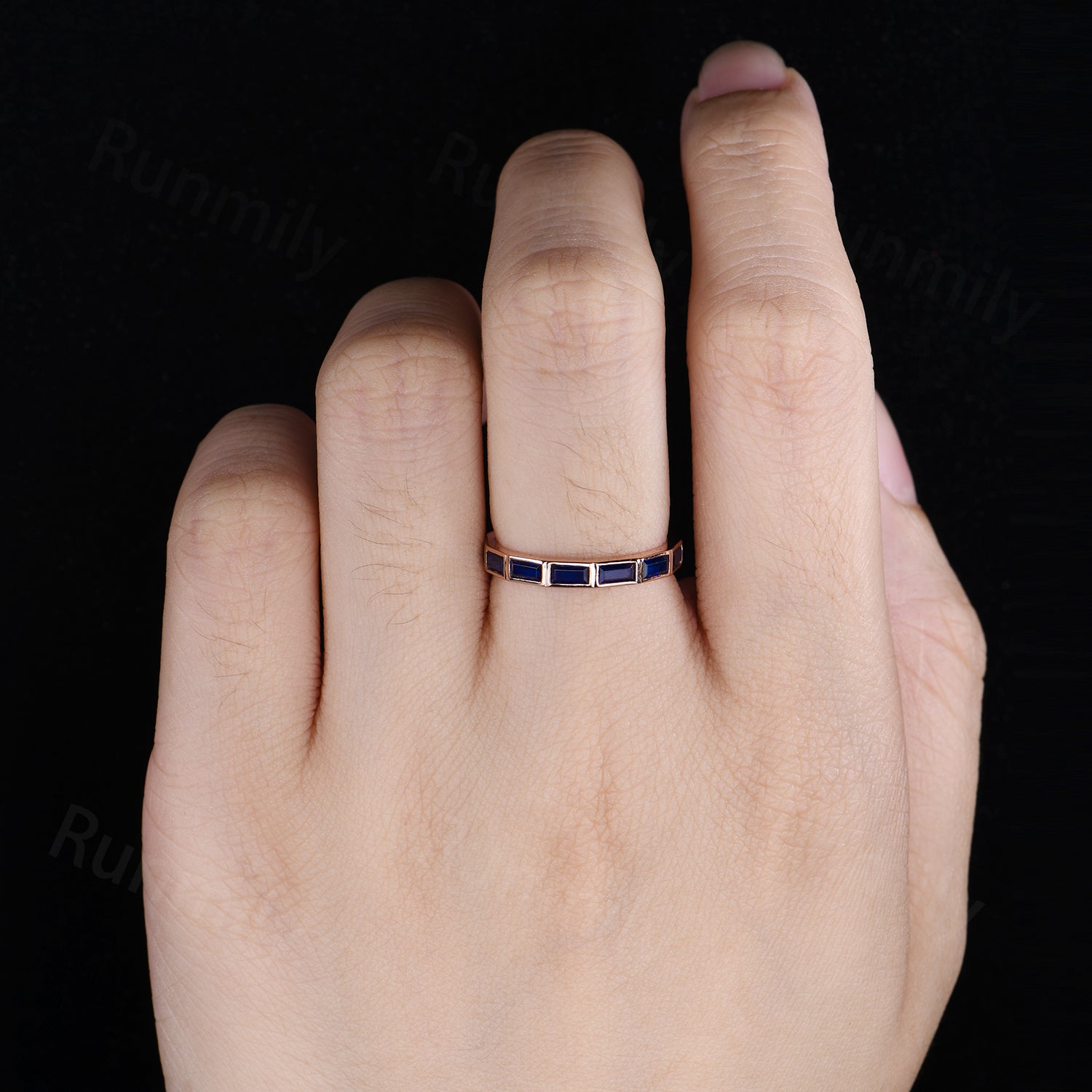 Rose Gold Baguette Sapphire Wedding Band: Vintage Full Eternity Ring
