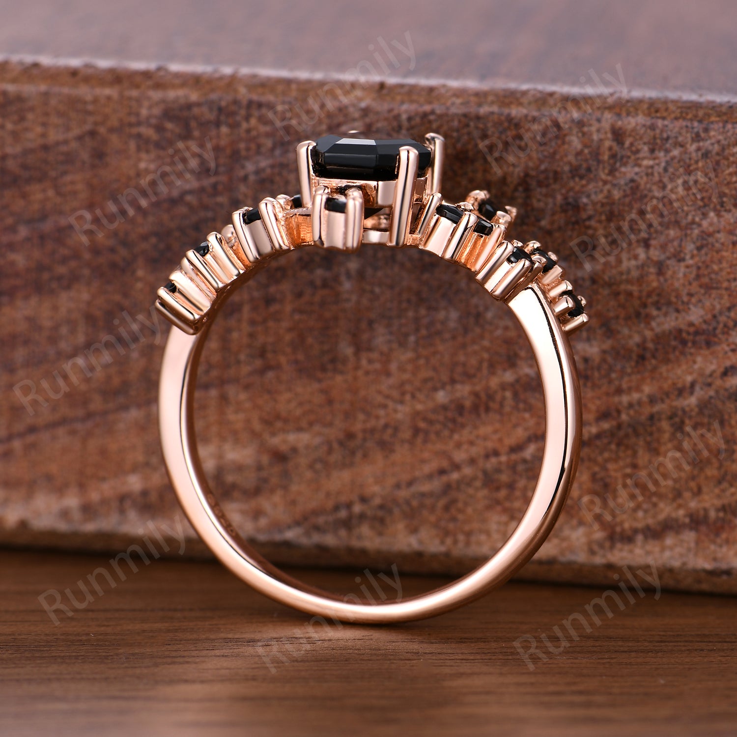 Coffin Cut Black Onyx Ring Rose Gold Wedding Band Promise Ring For Women Black Gems Ring