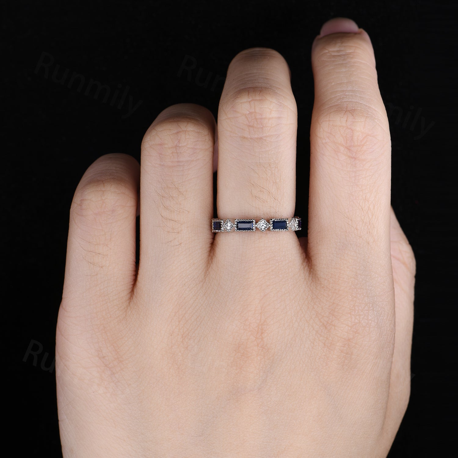 Art Deco Blue Sapphire Moissanite Wedding Band: Sterling Silver Baguette Ring