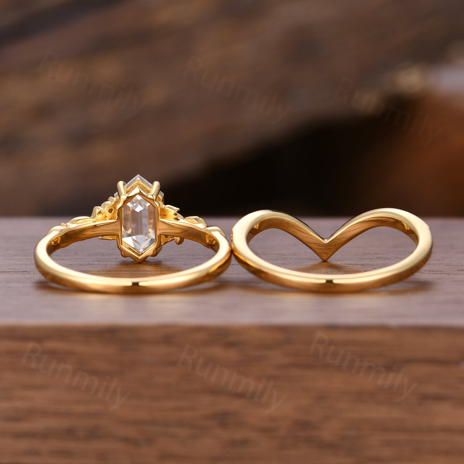 Art Deco Nature Inspired Moissanite Engagement Ring Yellow Gold Vintage Hexagon Cut Diamond For Women Antique Filigree Anniversary Ring Set