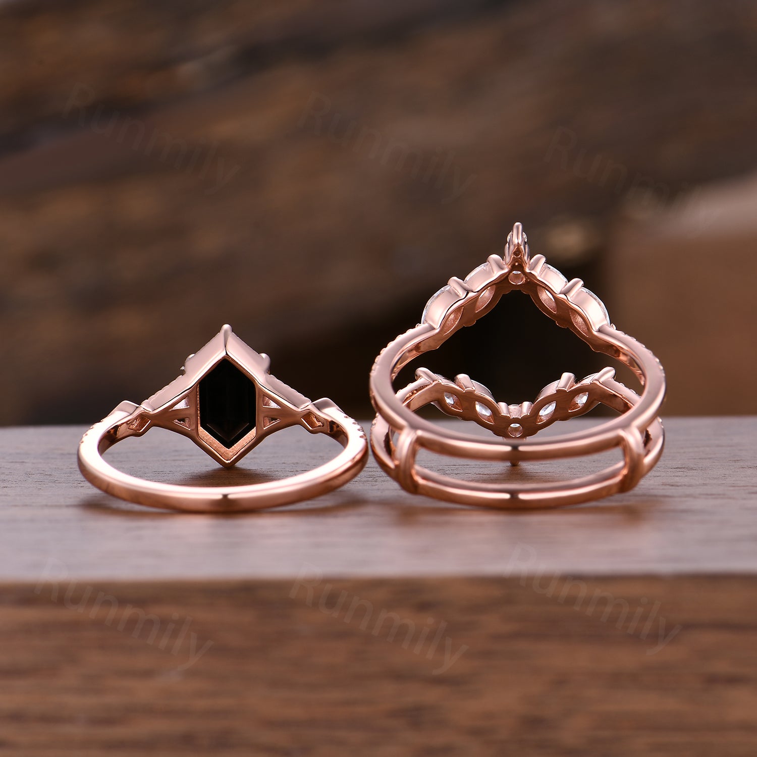 Vintage Black Onyx Engagement Ring Set Women Rose Gold Hexagon Cut Wedding Ring Double Curved Moissanite Enhancer Stacking Bridal Ring